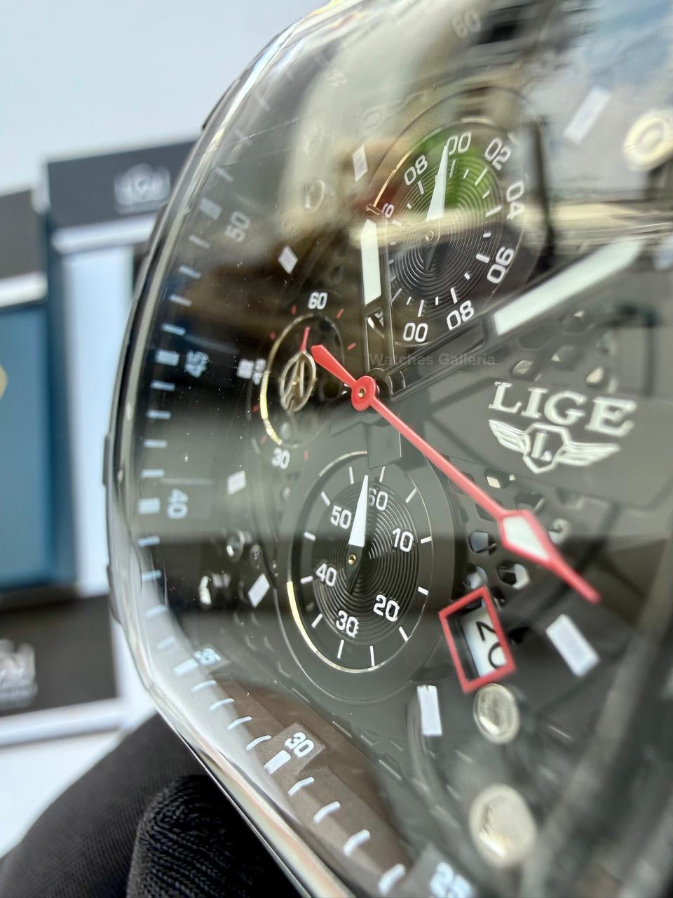 LIGE LG89148 Black Tonneau Chronograph Watch in Pakistan – Luxury Men’s Quartz Watch with Silicon Strap