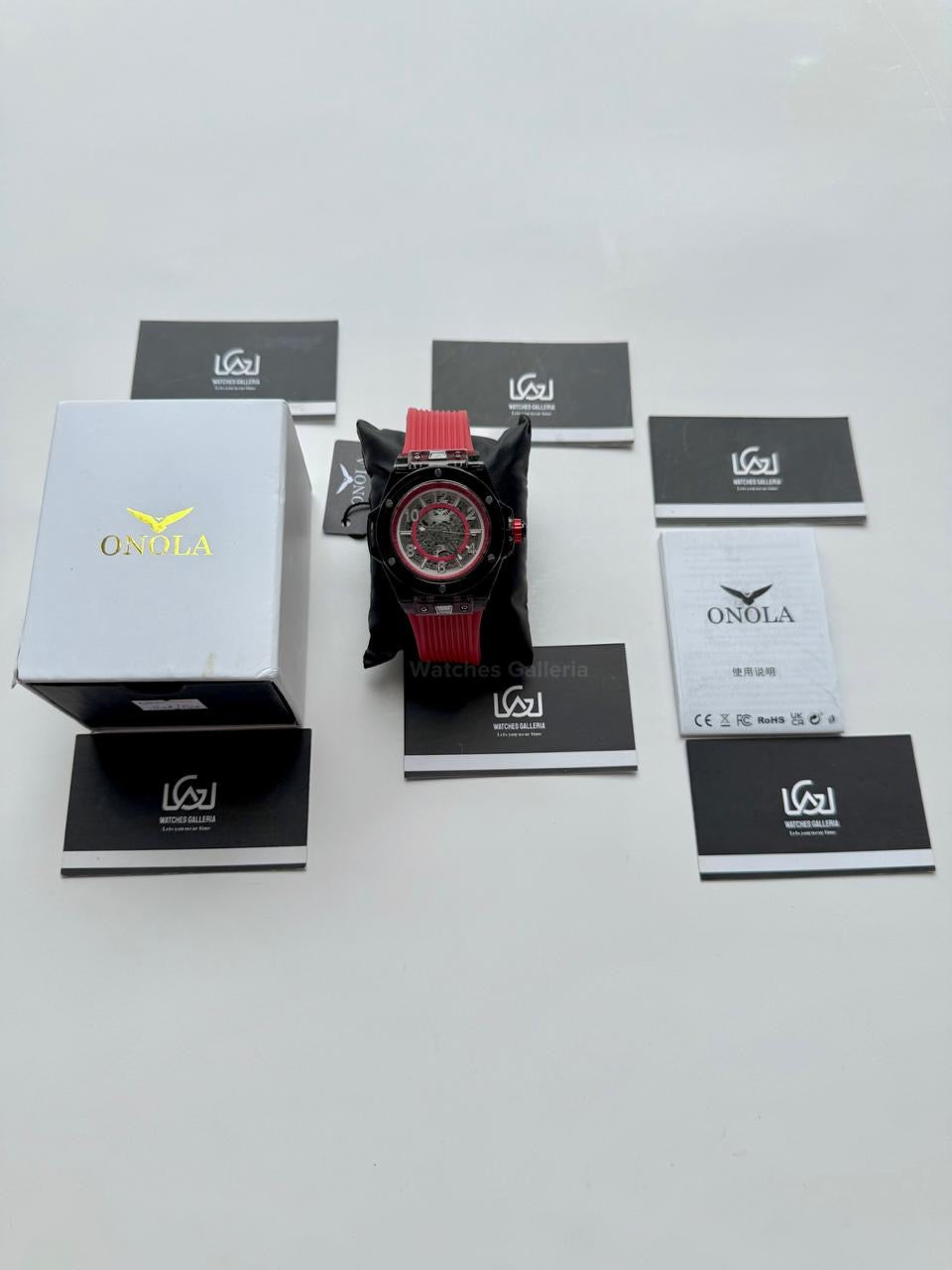 Onola ON3836 Oak Skeleton Red Black Automatic Watch – 49mm Transparent Dial, Bold Sport Design, Pakistan Edition