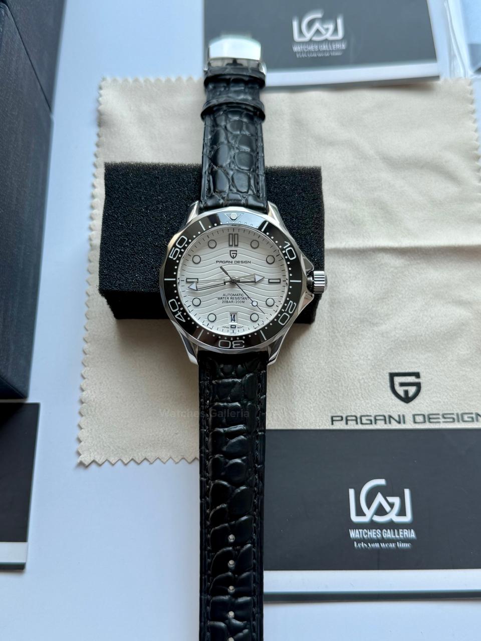 Pagani Design PD1685 Black Leather Strap Seamaster Diver White Automatic Watch – 200M Sapphire Crystal NH35A/Miyota Luxury Dive Watch in Pakistan | Watches Galleria