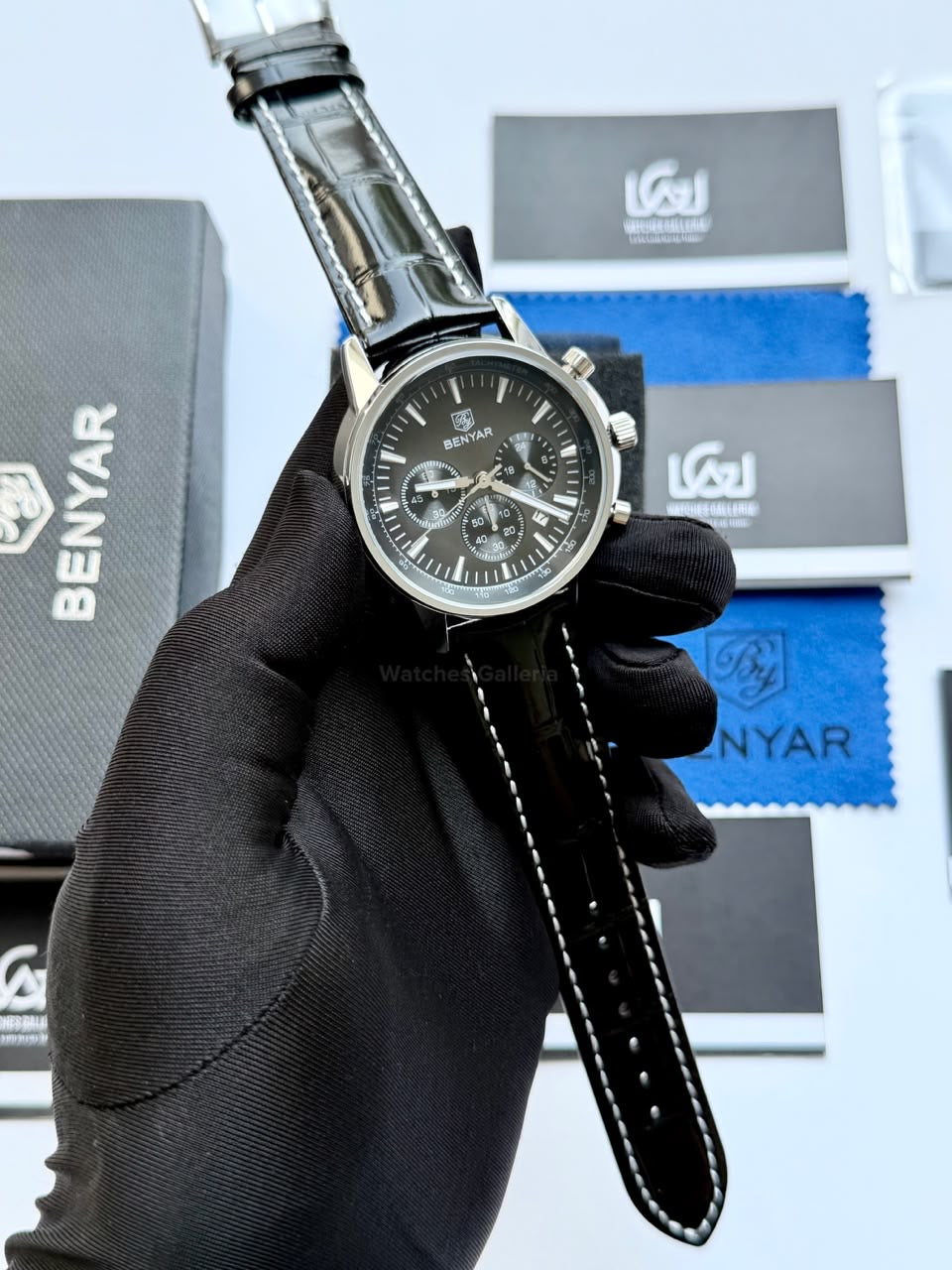 Benyar BY5213 Black Men’s Luxury Quartz Leather Strap Watch – Waterproof Stainless Steel Analog Wrist Watch with Luminous Hands | Original Benyar Pakistan | Watches Galleria