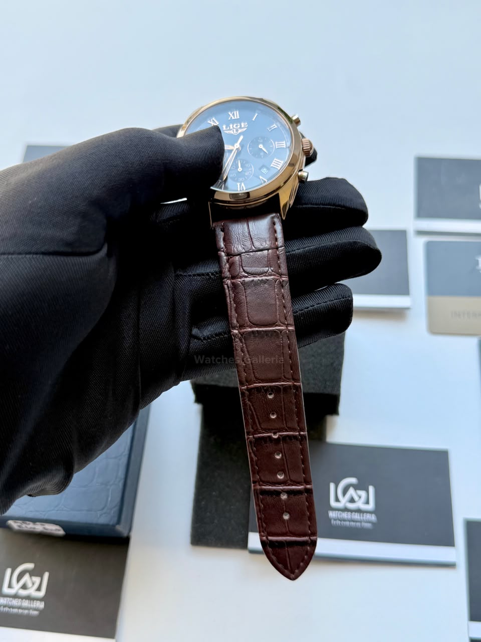 Lige 9852 Chronograph Watch for Men Brown Rose Gold Leather Strap Original Lige Watch in Pakistan