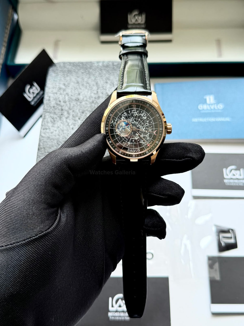 OBLVLO GC (Black Rose Gold) Grand Complications Celestial Automatic Watch Brown & Black Dial with Rose Gold Details, Moving Constellation & Earth Display – OBLVLOGC | Oblvlo
