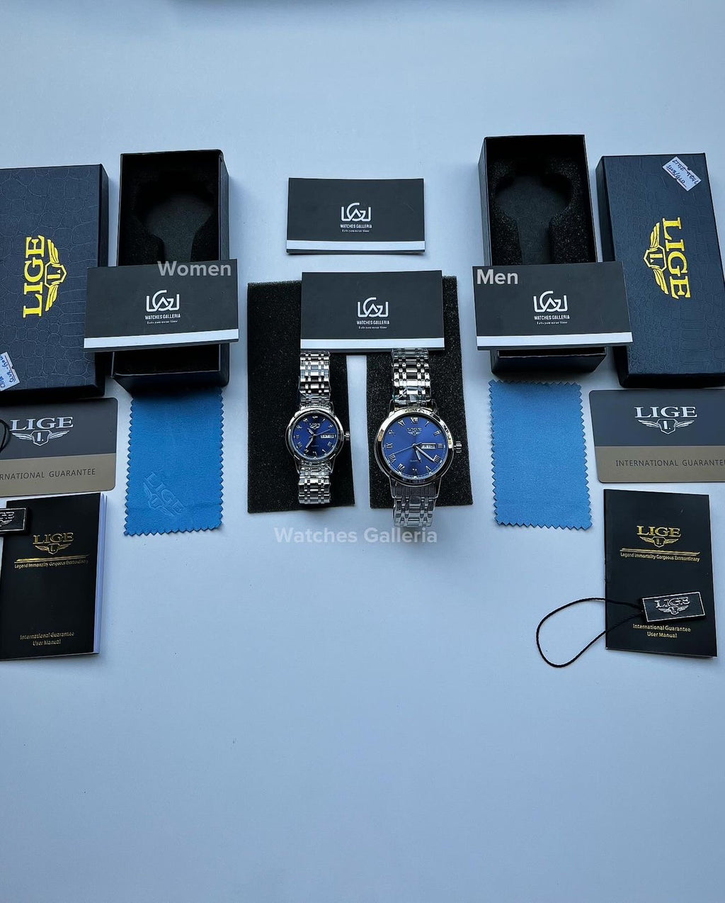 Lige Date Day Couple Watch (Silver/Blue) Lige9846 Lige10007