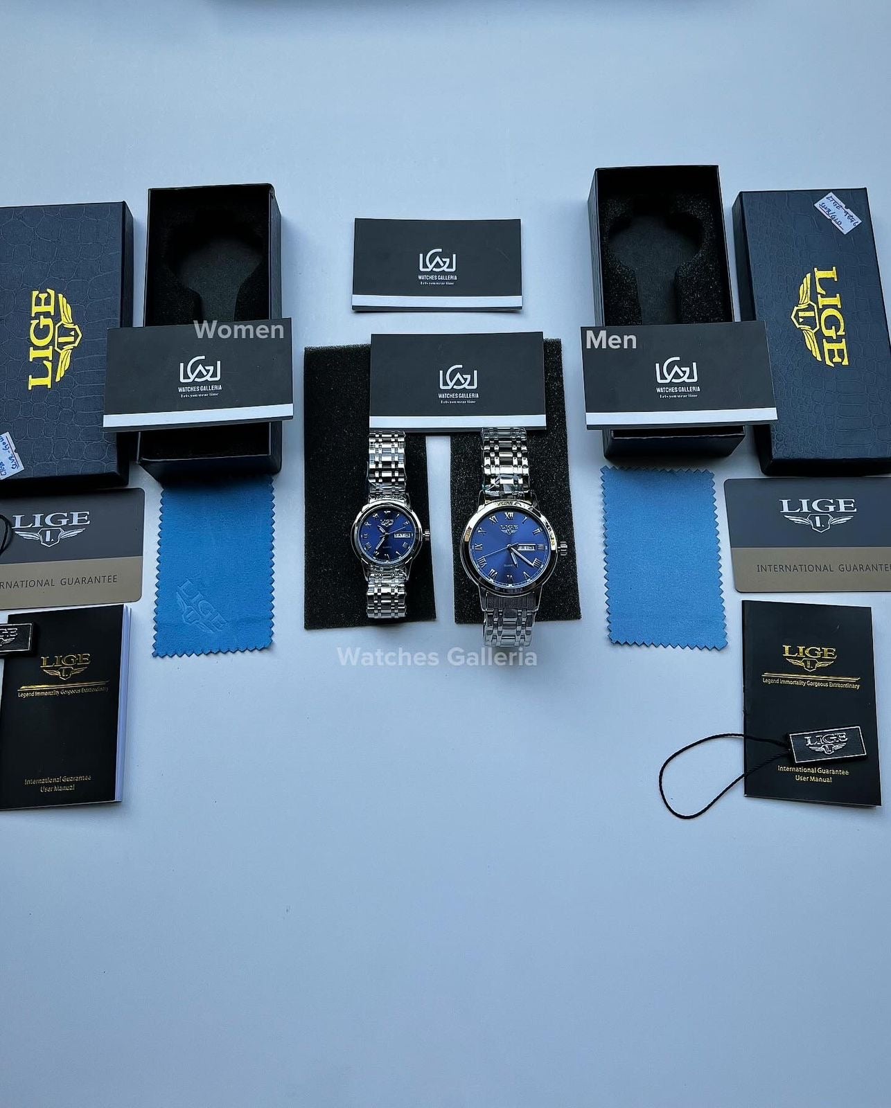 Lige Date Day Couple Watch (Silver/Blue) Lige9846 Lige10007