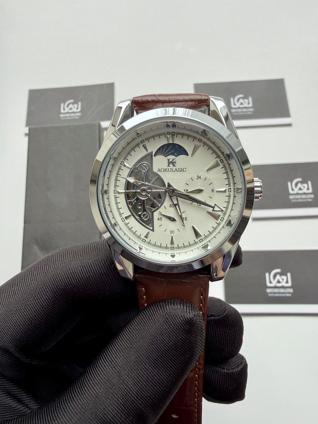 Aokulasic AOKU032 Moonphase Flywheel Automatic Watch 40mm Brown Silver | 21 Jewels Mechanical Watch