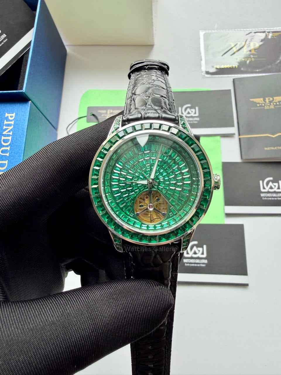 Pindu 5037 Green/Black LeatherDiamonds Hand Encrusted Diamond Automatic Tourbillon Watch for Men | Luxury Mechanical Watch | 43mm Stainless Steel Case
