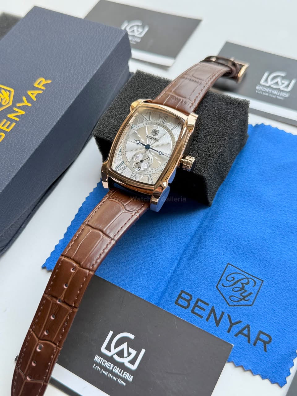 Benyar BY5114 Square Tank Watch in Pakistan – Brown Rose Gold White Elegant Quartz Leather Strap Men’s Dress Watch