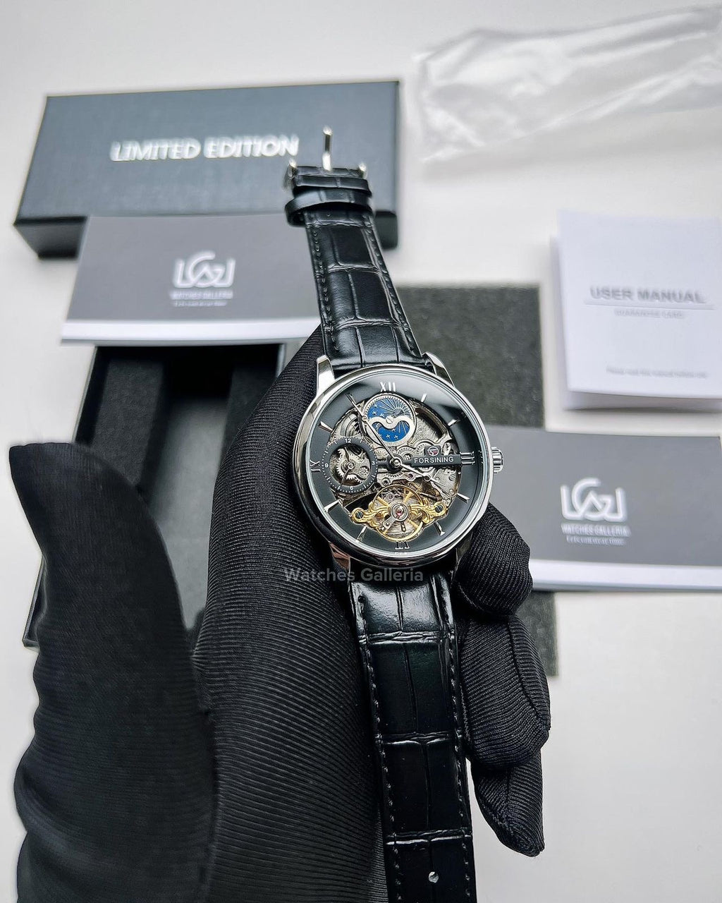 Forsining Moonphase Skeleton Automatic Watch (Silver/Black) FS112