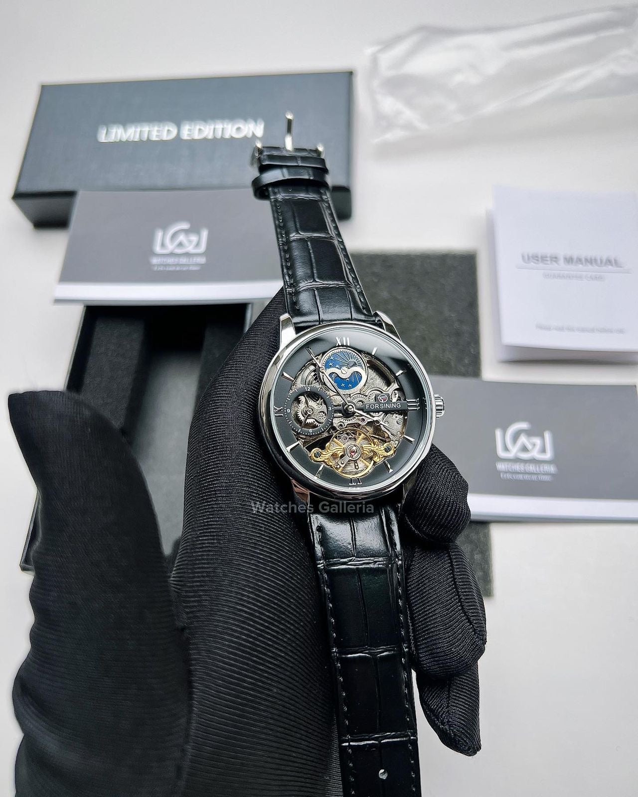 Forsining Moonphase Skeleton Automatic Watch (Silver/Black) FS112