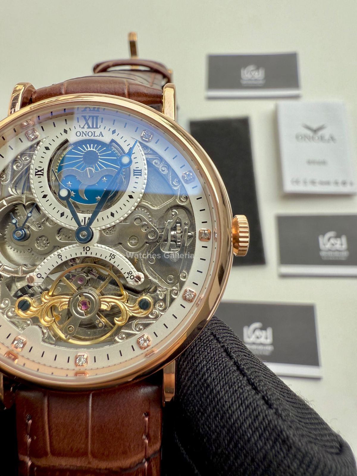 Onola Moonphase Flywheel Skeleton Watch Automatic (Brown-Rose Gold) ON6836 Watches Galleria