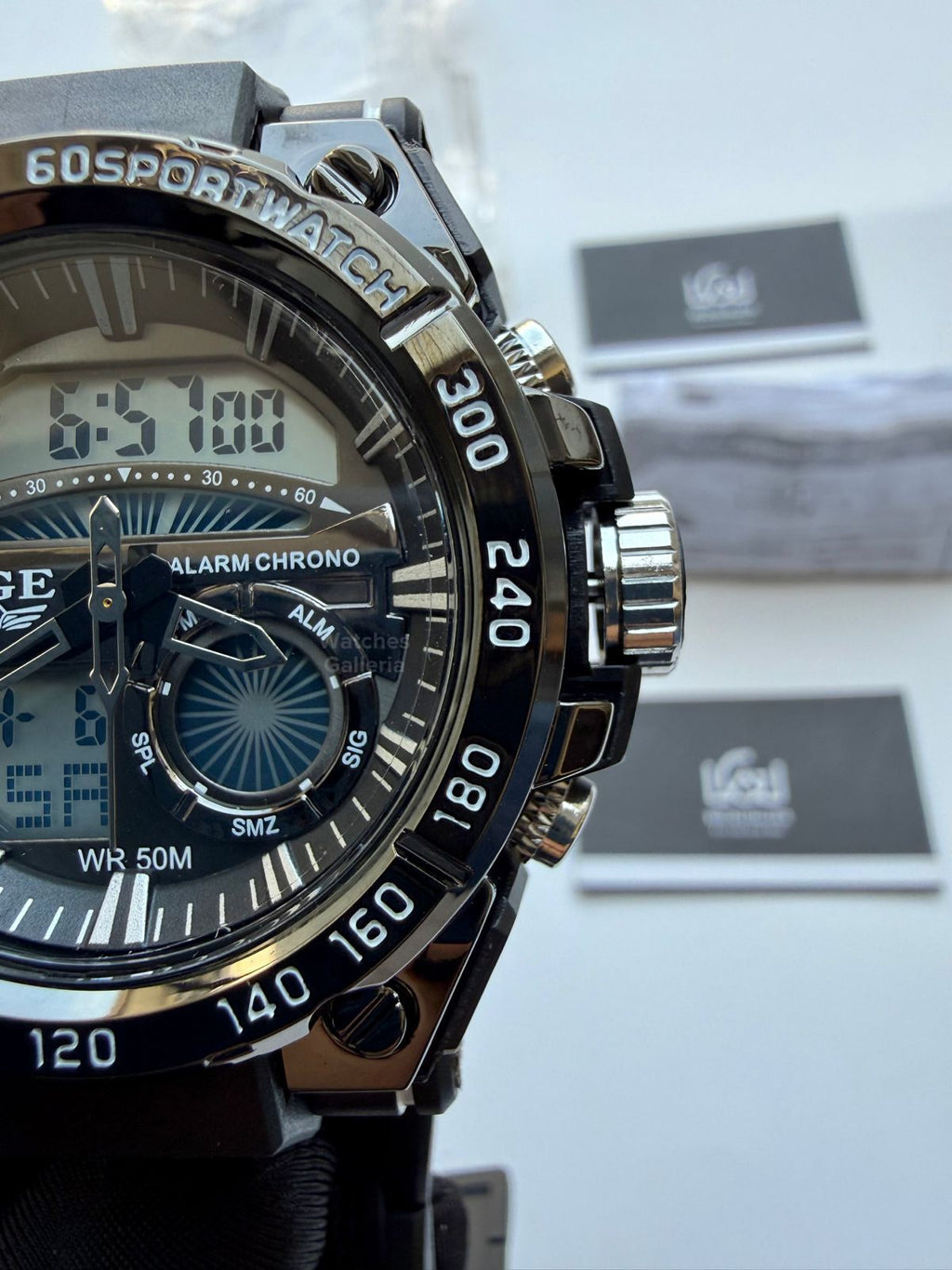 Lige 8922 Sports Watch Black 45mm Dual Display Analog Digital LED Alarm Waterproof 50M Silicone Strap Men’s Watch