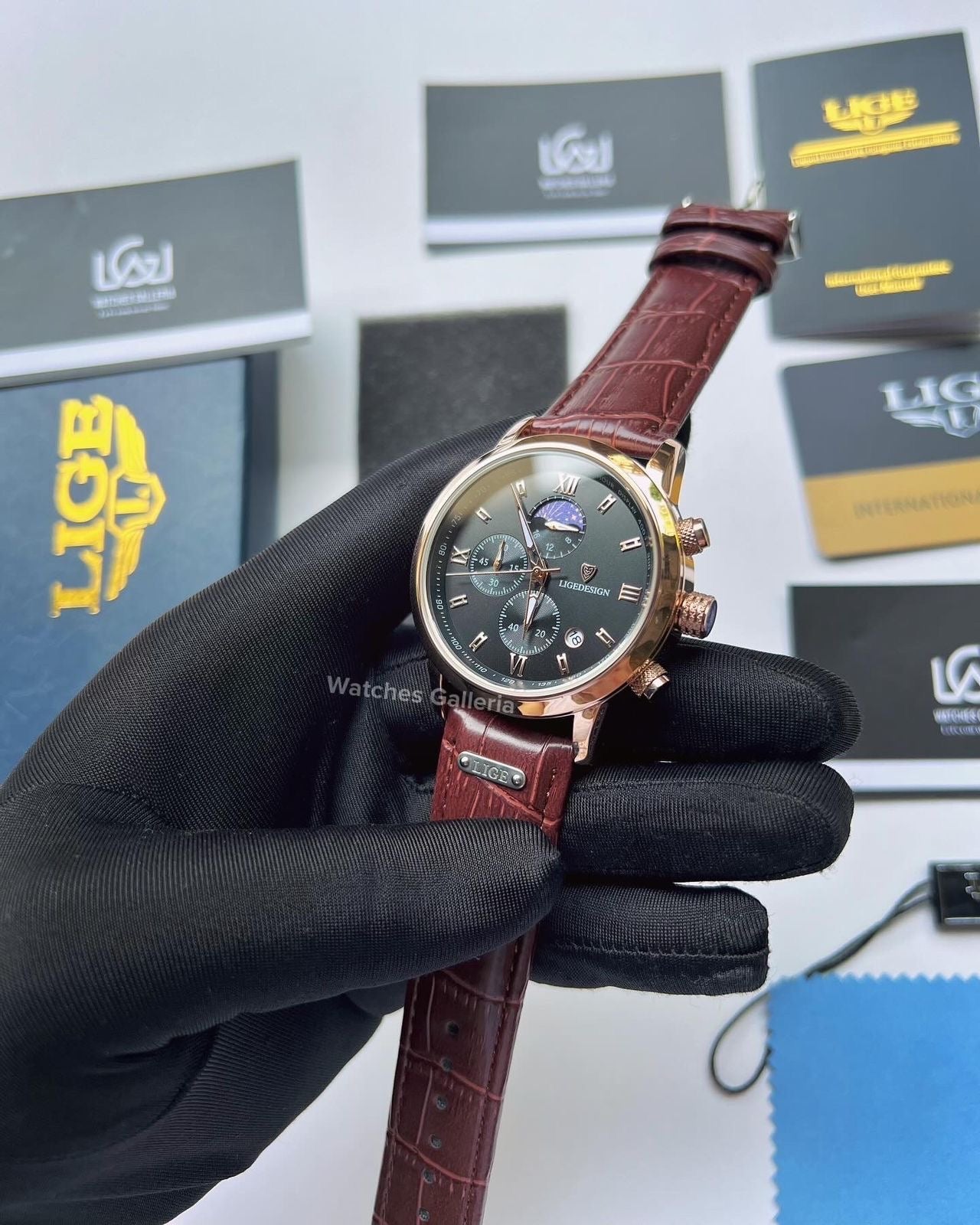 Lige Moonphase Watch (Rose Gold Black) LG8953 Watches Galleria