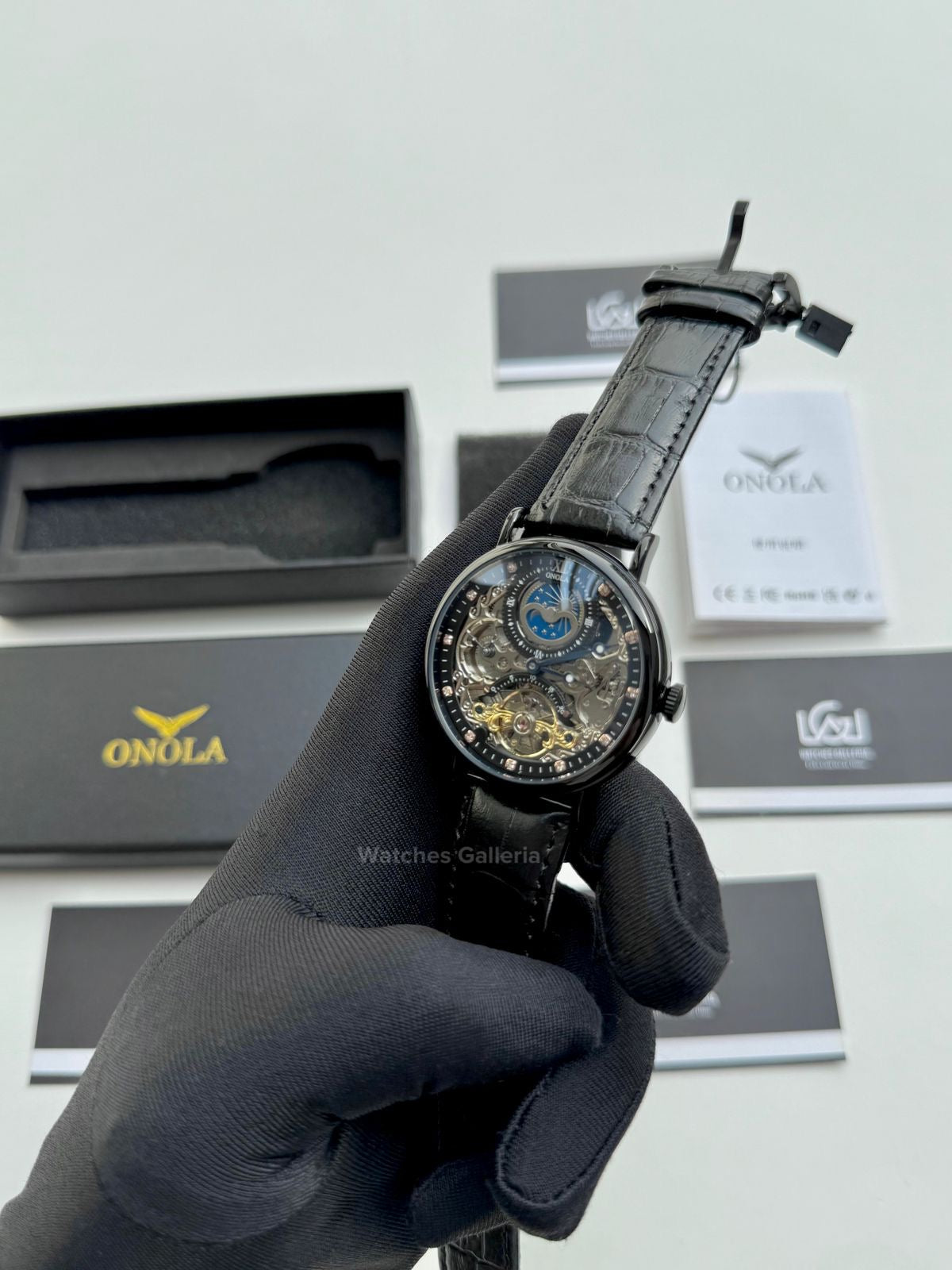 Onola Moonphase Flywheel Skeleton Watch Automatic (Black) ON6836 Watches Galleria