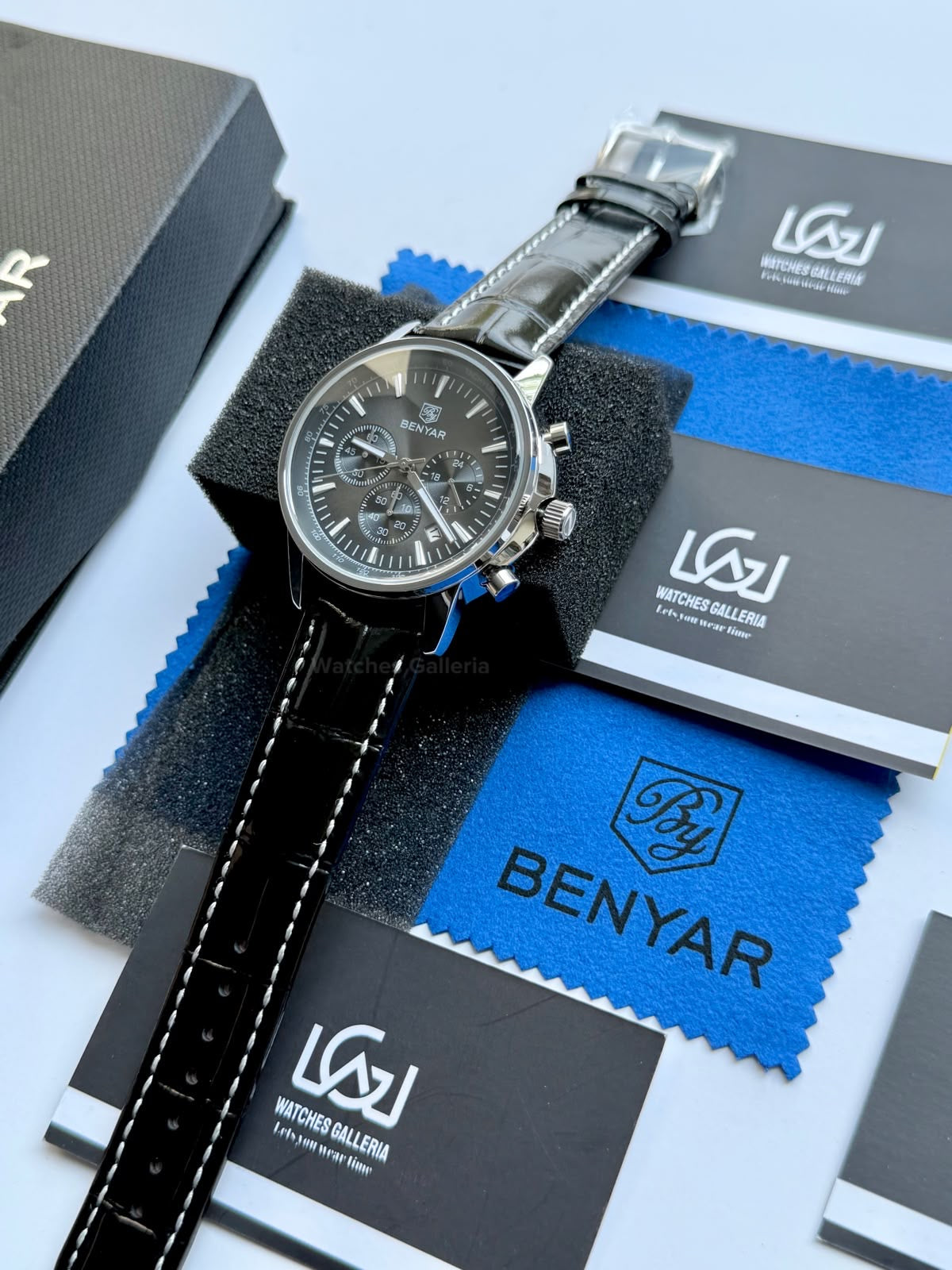 Benyar BY5213 Black Men’s Luxury Quartz Leather Strap Watch – Waterproof Stainless Steel Analog Wrist Watch with Luminous Hands | Original Benyar Pakistan | Watches Galleria