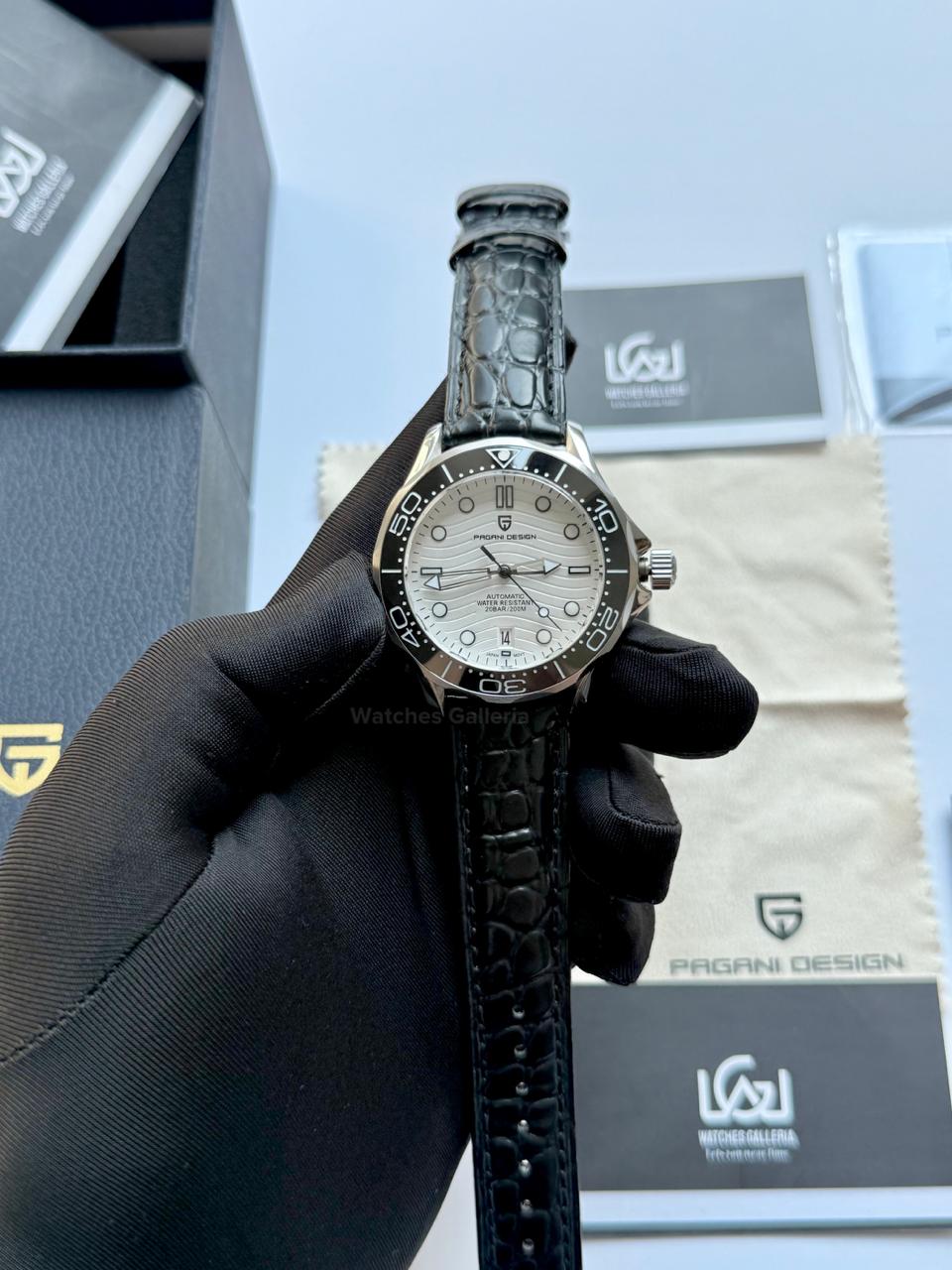 Pagani Design PD1685 Black Leather Strap Seamaster Diver White Automatic Watch – 200M Sapphire Crystal NH35A/Miyota Luxury Dive Watch in Pakistan | Watches Galleria