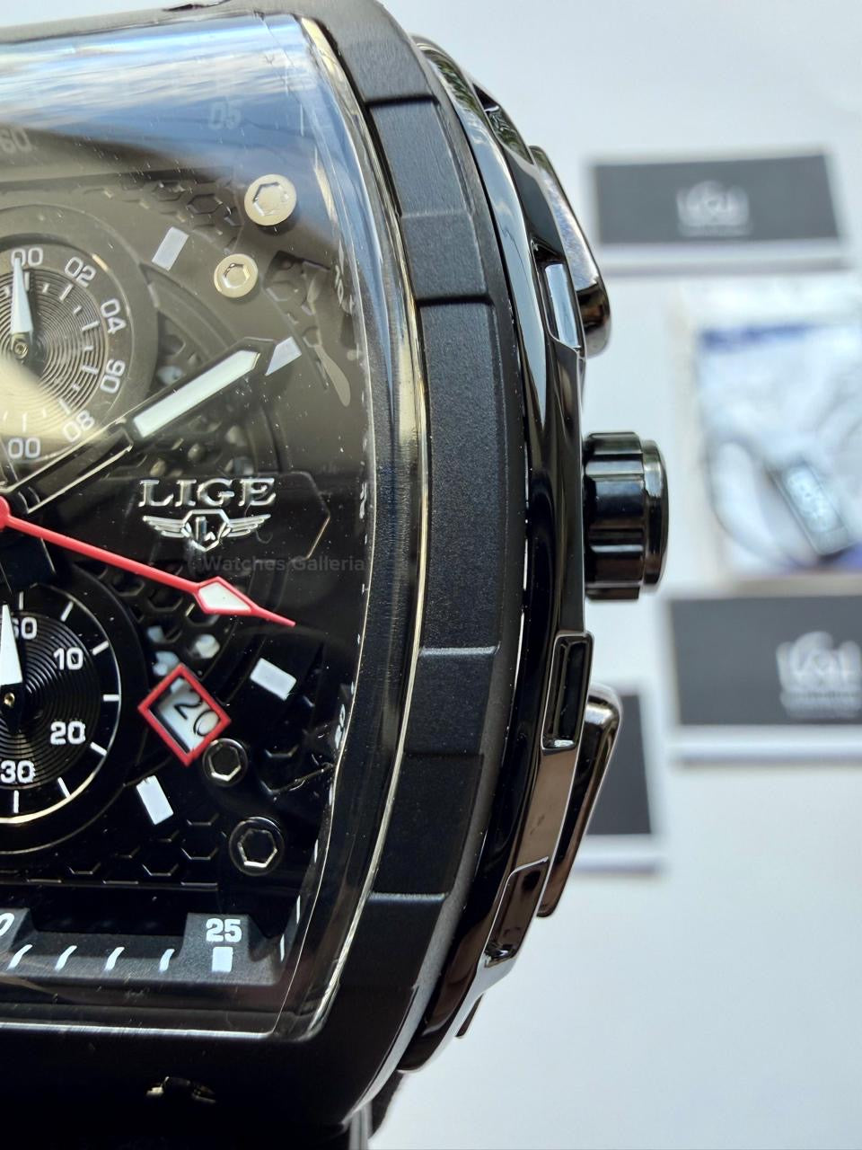 LIGE LG89148 Black Tonneau Chronograph Watch in Pakistan – Luxury Men’s Quartz Watch with Silicon Strap