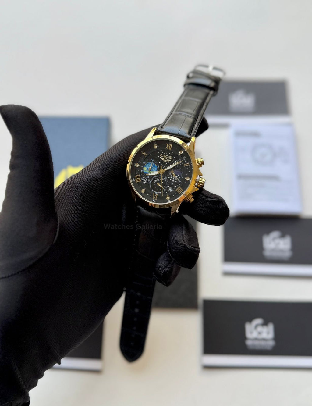 Lige Watch LG89107 Moonphase Chronograph (Black/Gold) Lige Watch in Pakistan