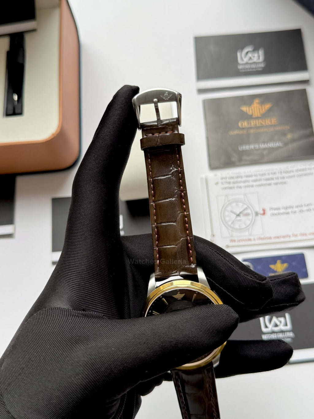 Oupinke G3190 (Brown Leather) Open Heart Automatic Watch with Miyota 8215 Japanese Movement, Sapphire Crystal, Luminous Dial & Black Leather Strap