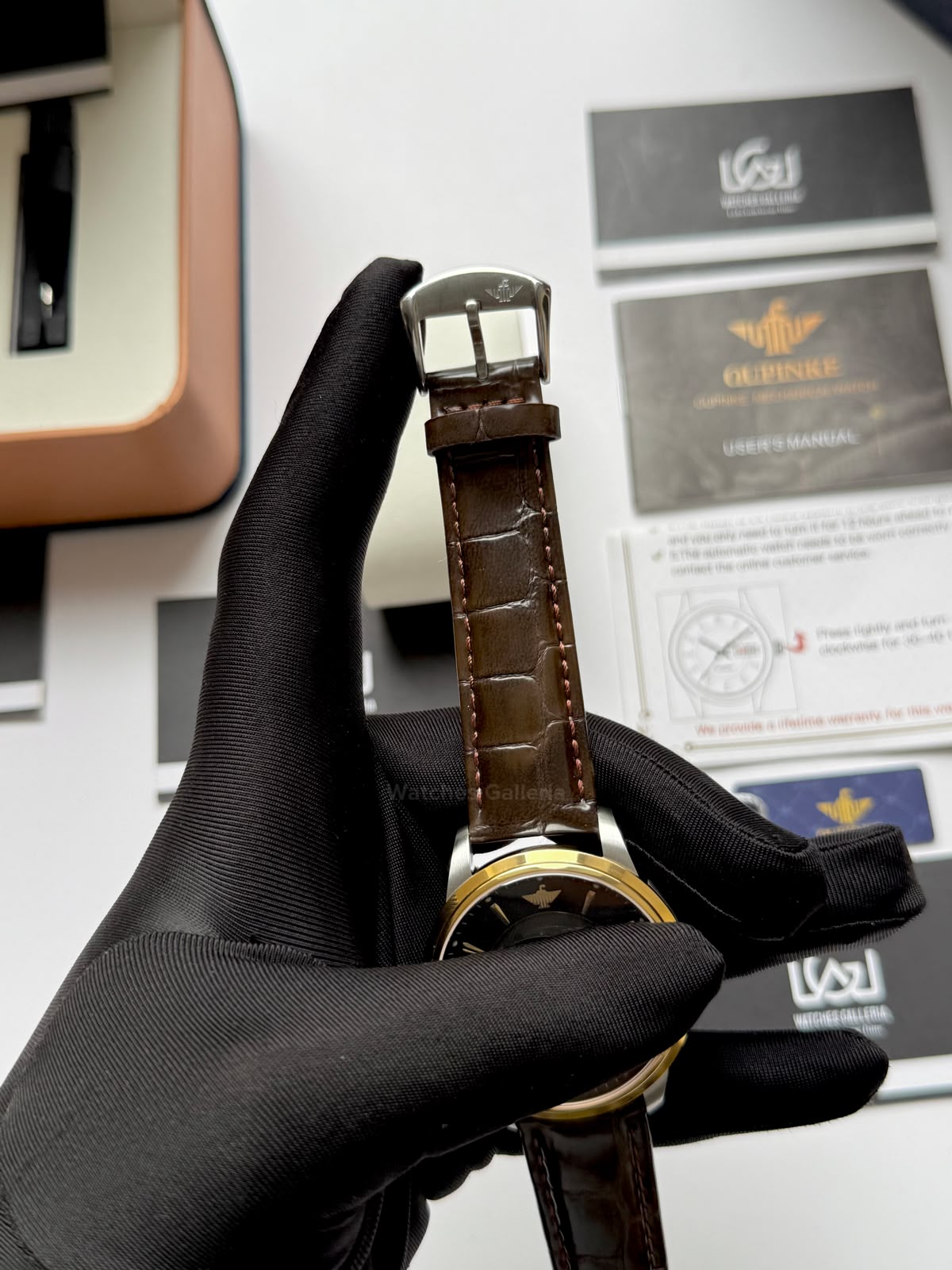 Oupinke G3190 (Brown Leather) Open Heart Automatic Watch with Miyota 8215 Japanese Movement, Sapphire Crystal, Luminous Dial & Black Leather Strap