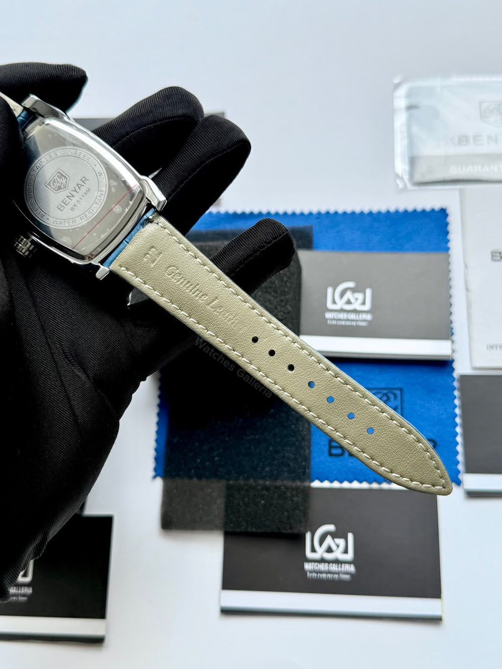 Benyar BY5114 Square Tank Watch | Blue Silver White | Roman Numeral Dial Master Lock Quartz Date Calendar Leather Strap
