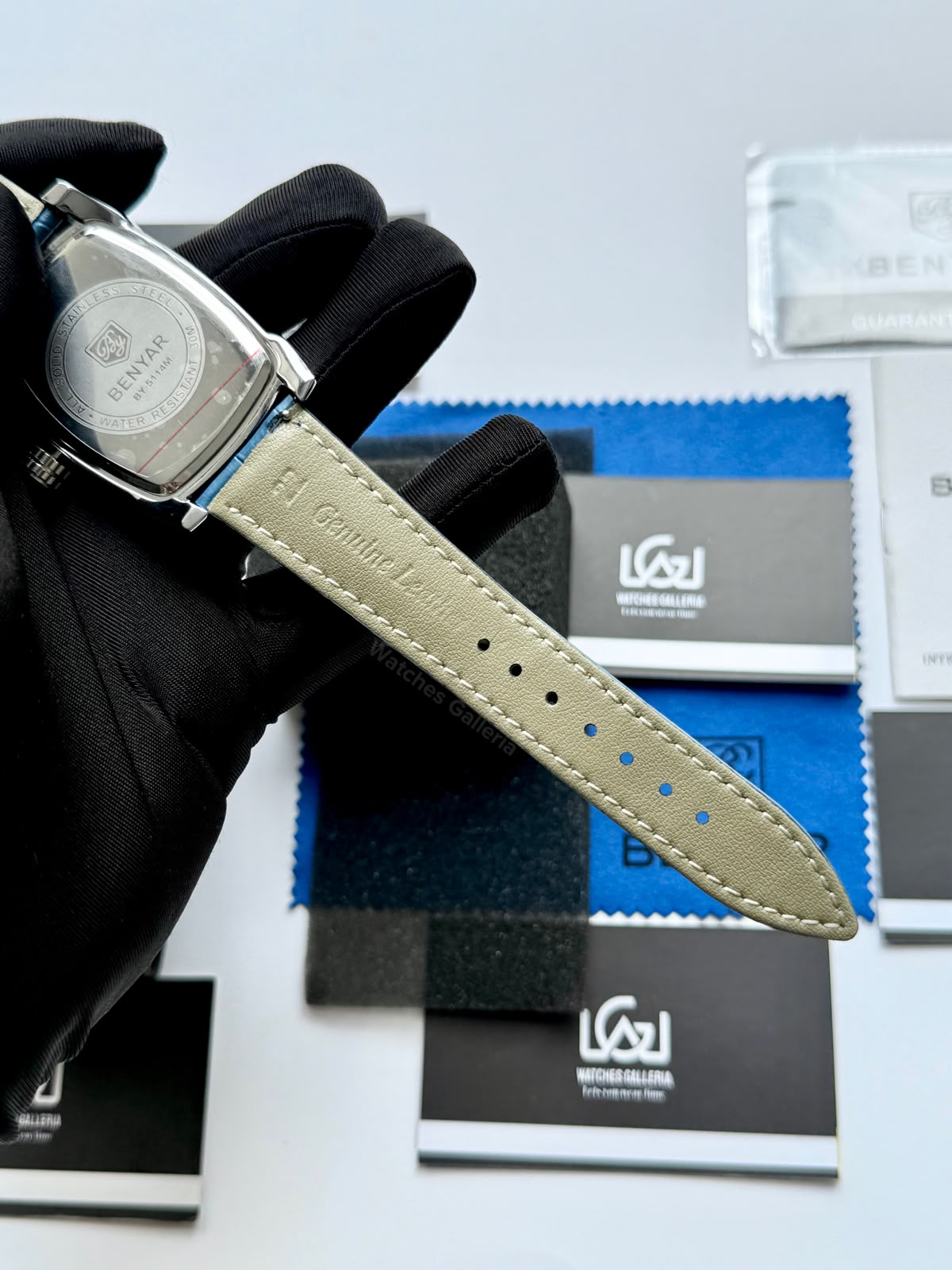 Benyar BY5114 Square Tank Watch | Blue Silver White | Roman Numeral Dial Master Lock Quartz Date Calendar Leather Strap