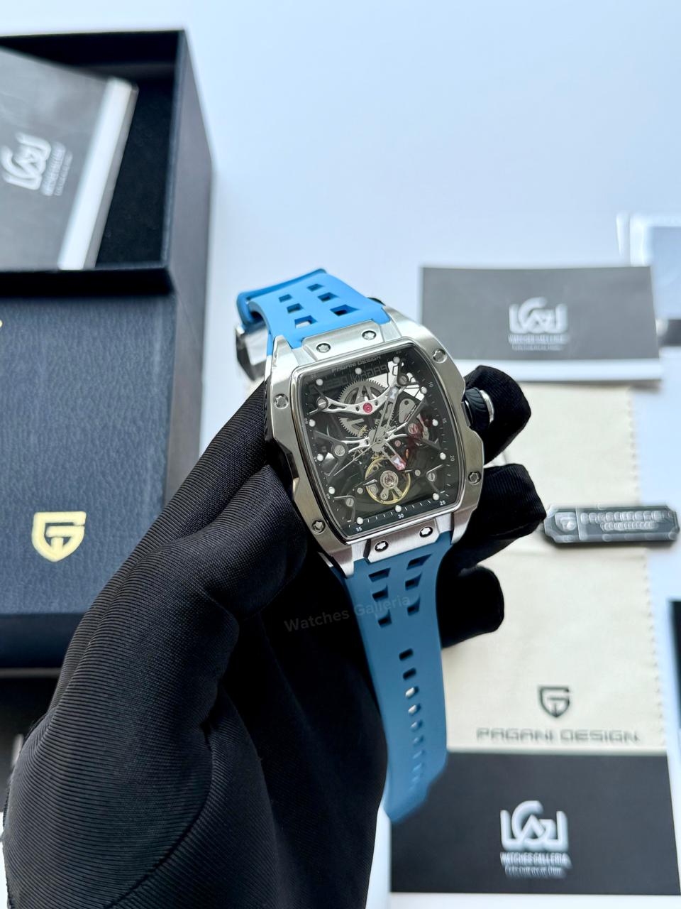Pagani Design PDYS018 Ice Blue Tonneau Skeleton Silver Ice Blue Automatic Watch | Sapphire Crystal | SX5021 Movement | 50M Waterproof | Pakistan