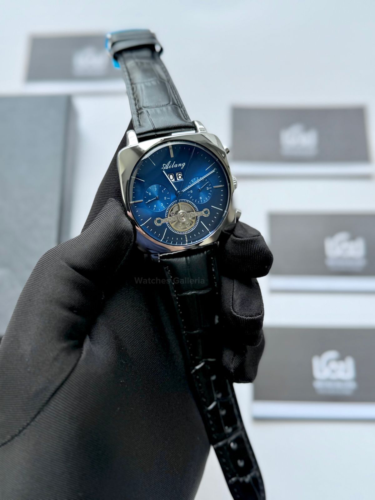 Ailang AI8655G Square Chronograph Automatic Watch Black Blue – Skeleton Flywheel, Big Date, Luxury Square Dial Men’s Watch