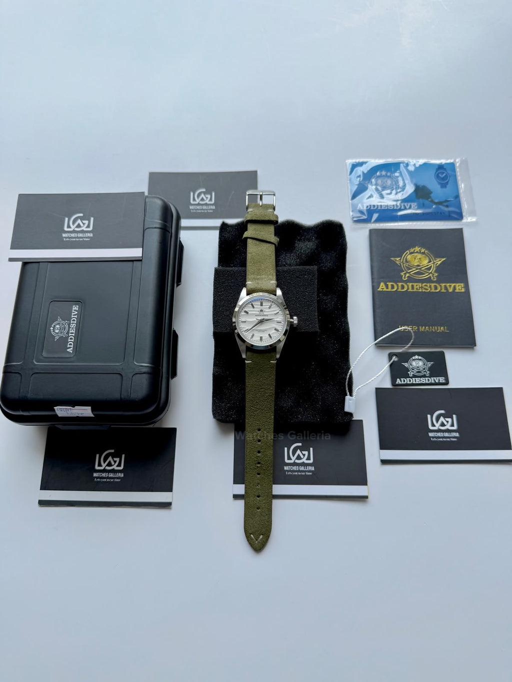 Addiesdive AD2030 Desert White Green Suede Leather Strap Unisex Watch – 36mm Classic Desert Dial, Japan VH31 Quartz Movement, Blue Anti-Glare Mineral Glass & Genuine Suede Leather Strap