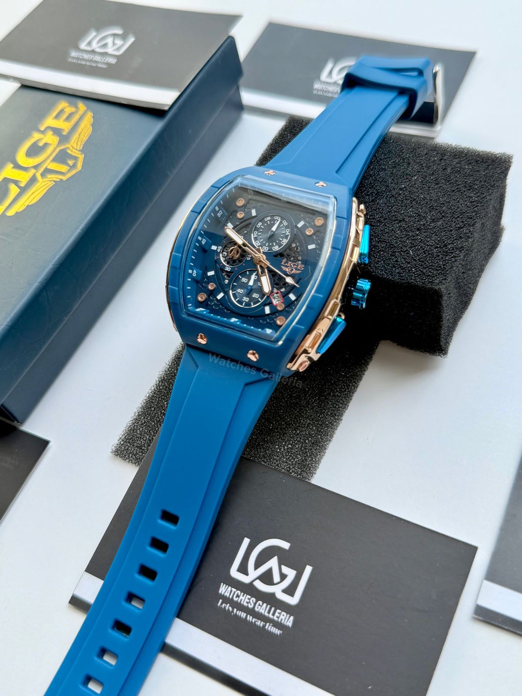 LIGE LG89148 Blue Tonneau Chronograph Watch in Pakistan – Luxury Men’s Quartz Watch with Silicon Strap