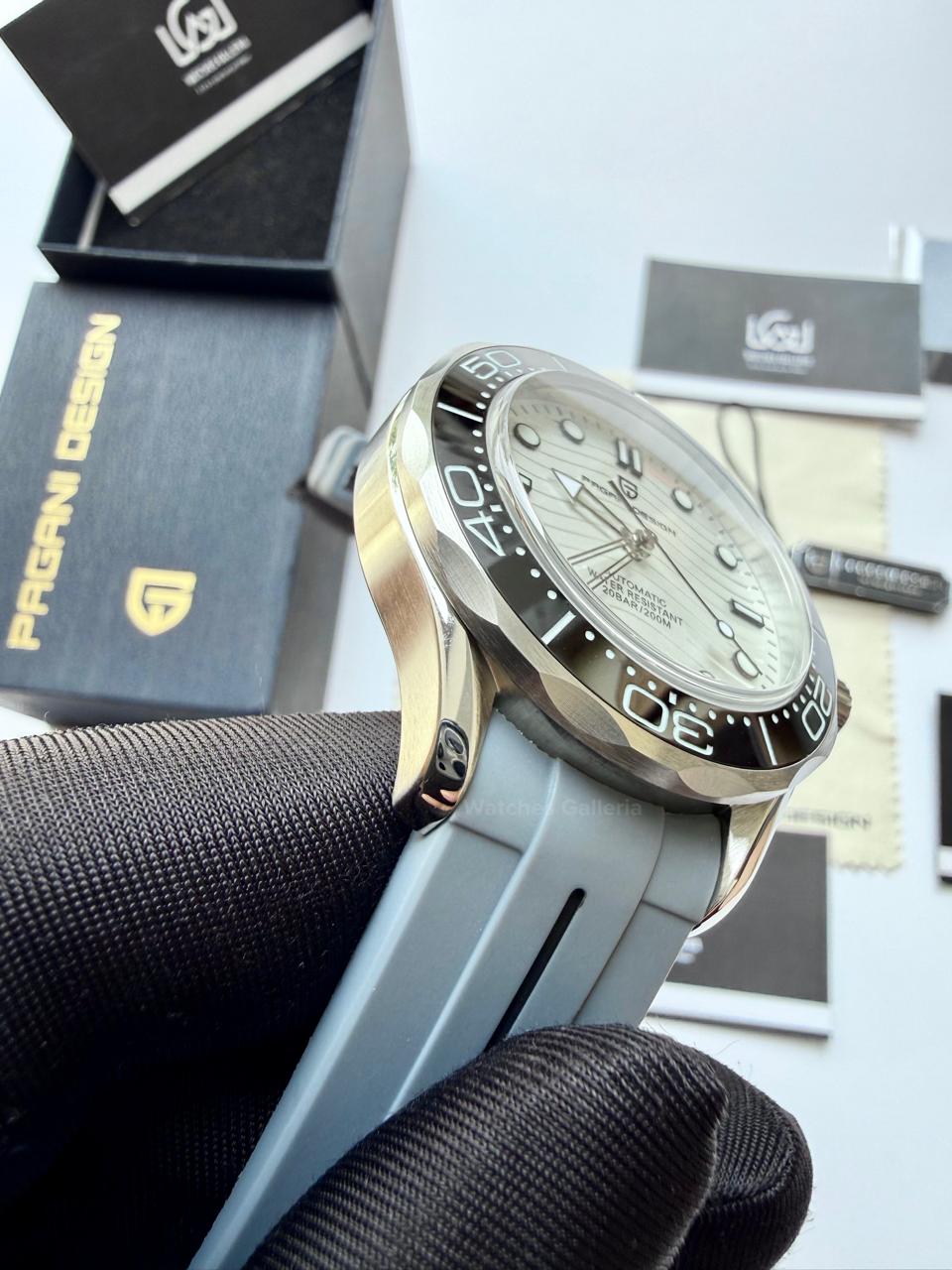 Pagani Design PD1685 Grey Silicon Seamaster Diver White Automatic Watch – 200M Sapphire Crystal NH35A/Miyota Luxury Dive Watch in Pakistan | Watches Galleria