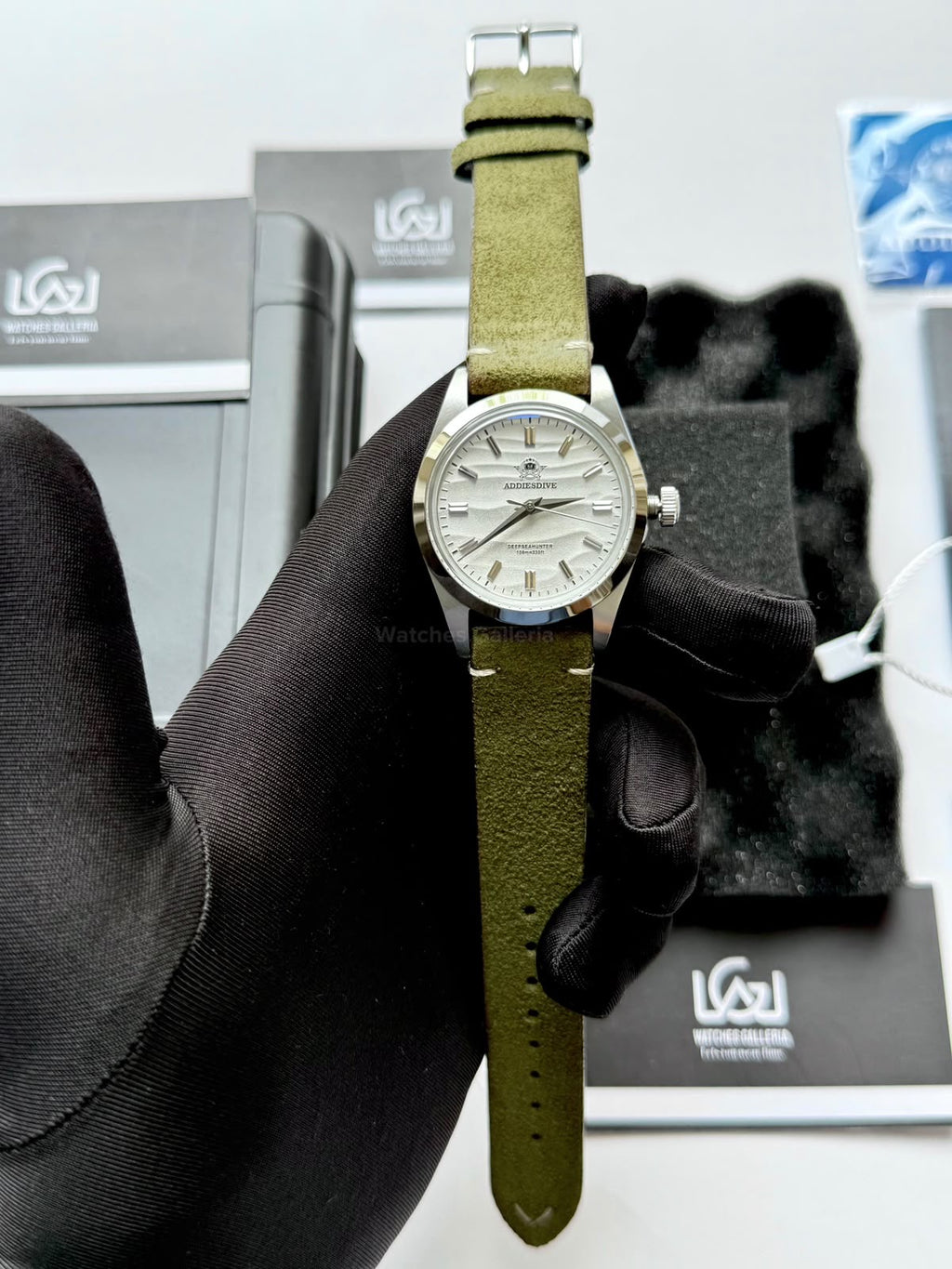Addiesdive AD2030 Desert White Green Suede Leather Strap Unisex Watch – 36mm Classic Desert Dial, Japan VH31 Quartz Movement, Blue Anti-Glare Mineral Glass & Genuine Suede Leather Strap