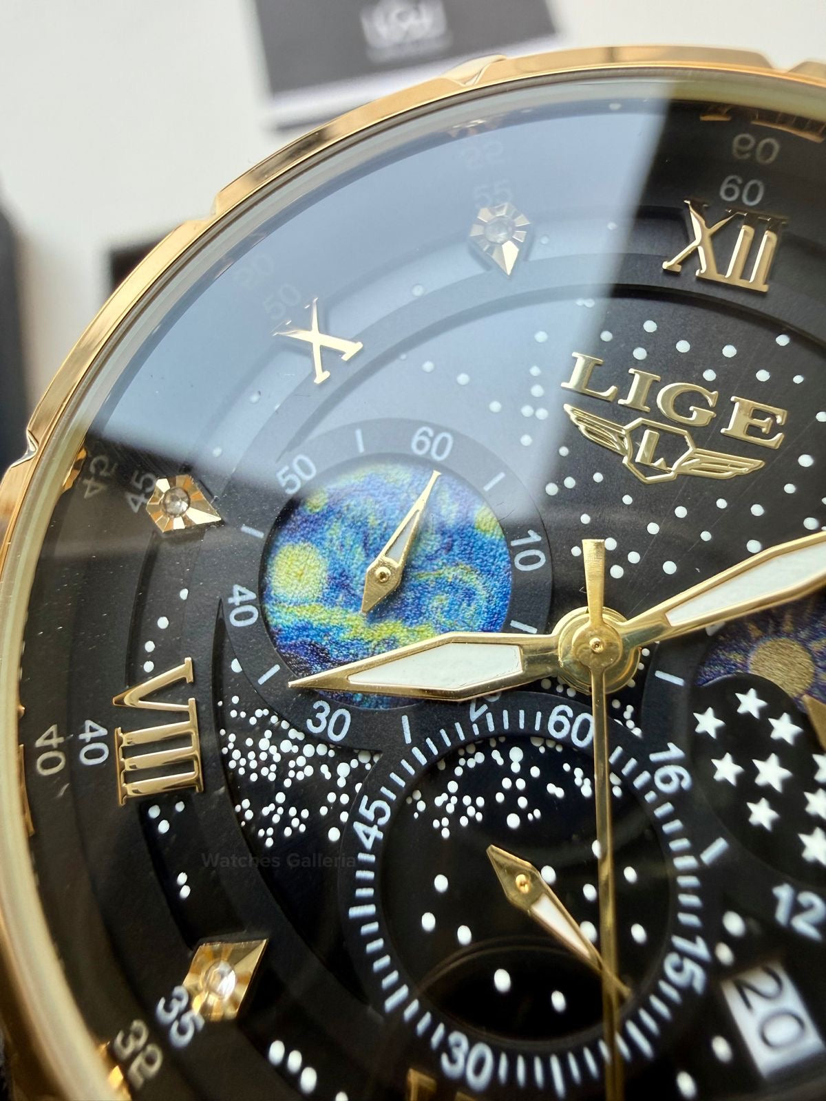 Lige Watch LG89107 Moonphase Chronograph (Black/Gold) Lige Watch in Pakistan