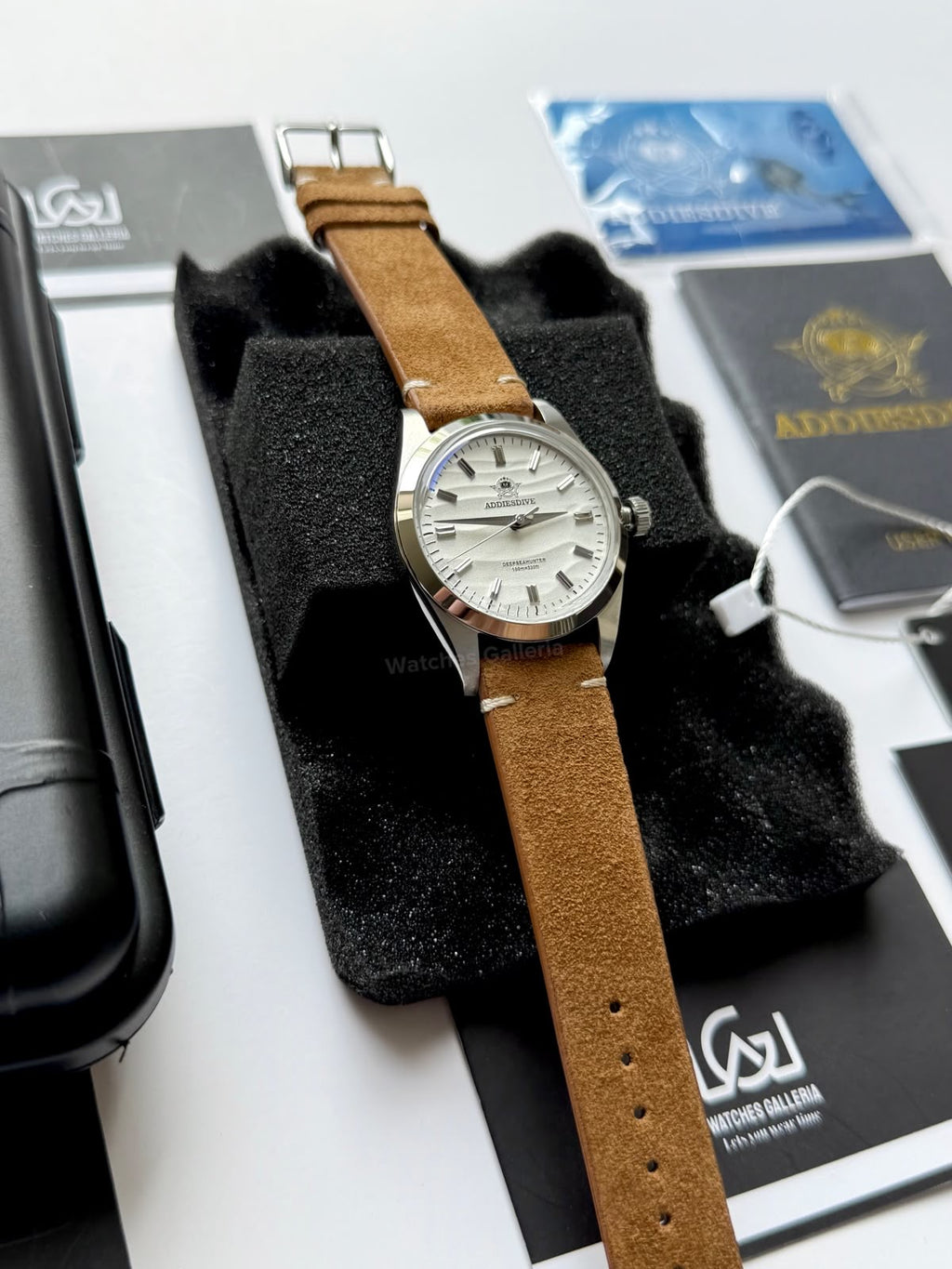 Addiesdive AD2030 Desert White with Khaki Suede Leather Strap Unisex Watch – 36mm Classic Desert Dial, Japan VH31 Quartz Movement, Blue Anti-Glare Mineral Glass & Genuine Suede Leather Strap
