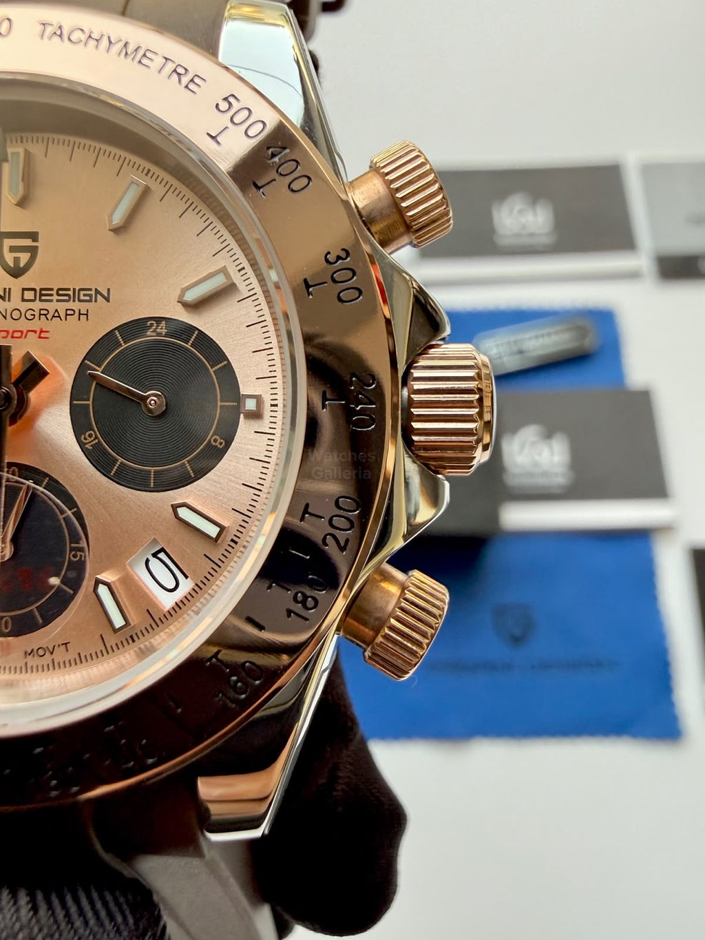 Pagani Design PD1644 Daytona Rose Gold Two Tone Silicon Limited Edition Men’s Chronograph Watch – Seiko VK63 Japan Quartz | Sapphire Crystal | Ceramic Bezel | 100M Water Resistant