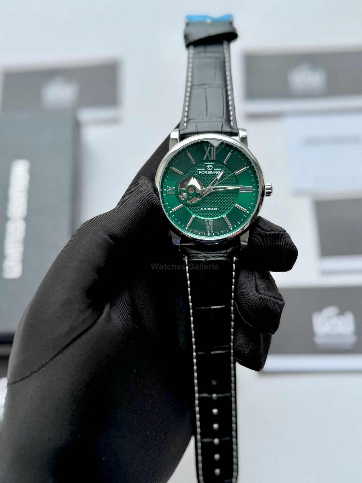 Forsining FS112 Classic Skeleton Automatic Watch – Green Dial | Leather Strap Mechanical Wristwatch for Men
