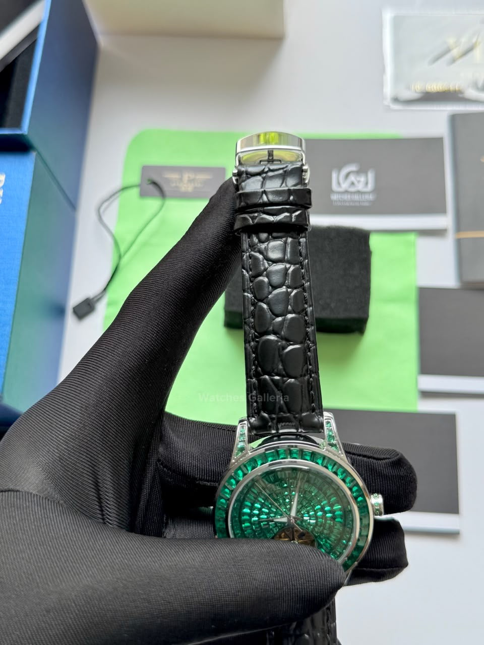 Pindu 5037 Green/Black LeatherDiamonds Hand Encrusted Diamond Automatic Tourbillon Watch for Men | Luxury Mechanical Watch | 43mm Stainless Steel Case