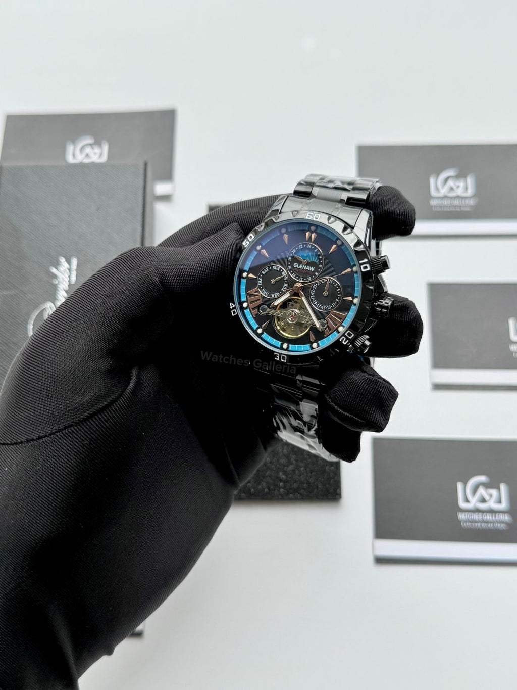 Glenaw GL8919B Moonphase Flywheel Automatic Watch – Black Blue Dial | Luxury Automatic Wristwatch for Men | Glenaw Watches in Pakistan