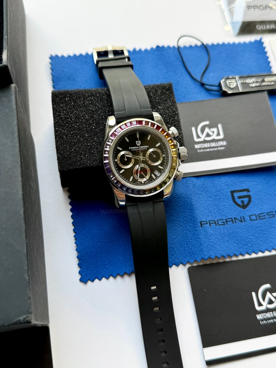 Pagani Design PD1644 Daytona Rainbow Jubilee Limited Edition Chronograph Watch PD1644LE | 40mm Sapphire Crystal, Seiko VK63 Quartz, Complete Calendar & Rainbow Stones Bezel