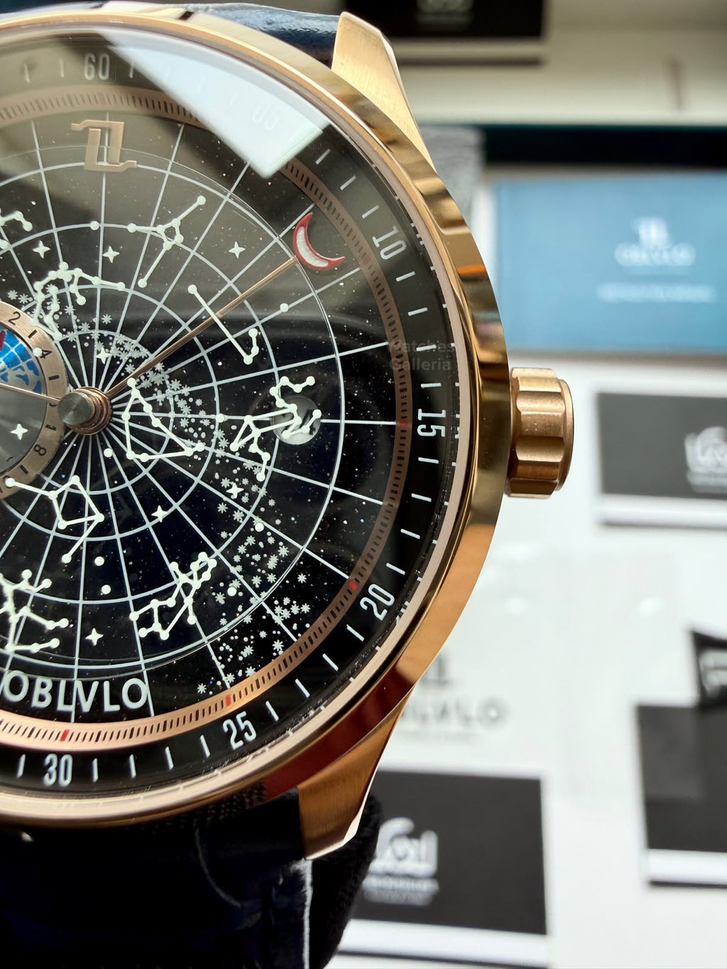 OBLVLO GC (Blue Rose Gold Black) Grand Complications Celestial Automatic Watch Brown & Black Dial with Rose Gold Details, Moving Constellation & Earth Display – OBLVLOGC | Oblvlo