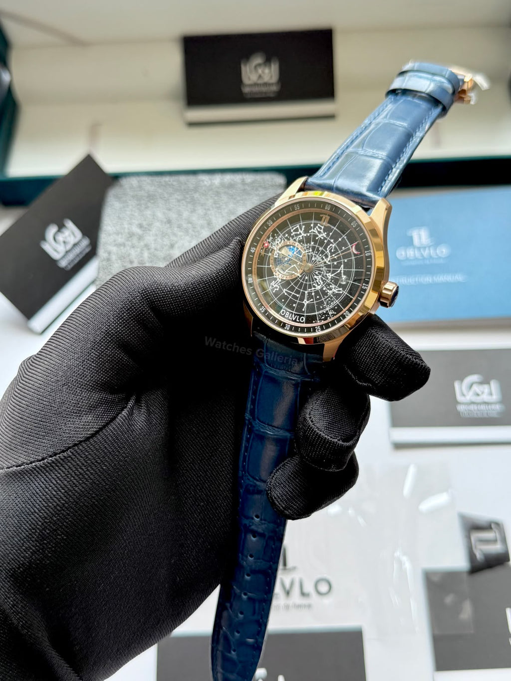 OBLVLO GC (Blue Rose Gold Black) Grand Complications Celestial Automatic Watch Brown & Black Dial with Rose Gold Details, Moving Constellation & Earth Display – OBLVLOGC | Oblvlo