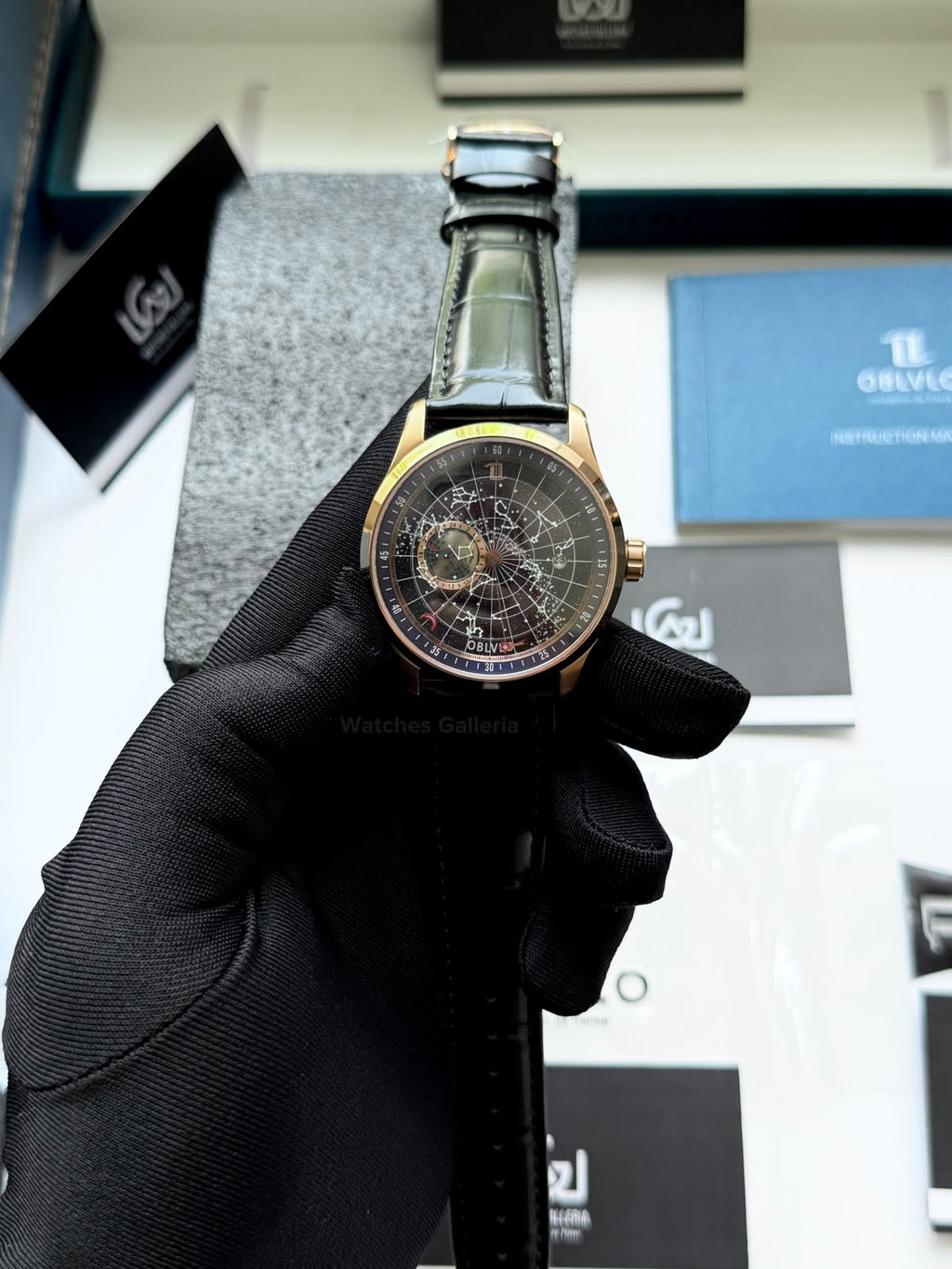 OBLVLO GC (Black Rose Gold Blue) Grand Complications Celestial Automatic Watch Brown & Black Dial with Rose Gold Details, Moving Constellation & Earth Display – OBLVLOGC