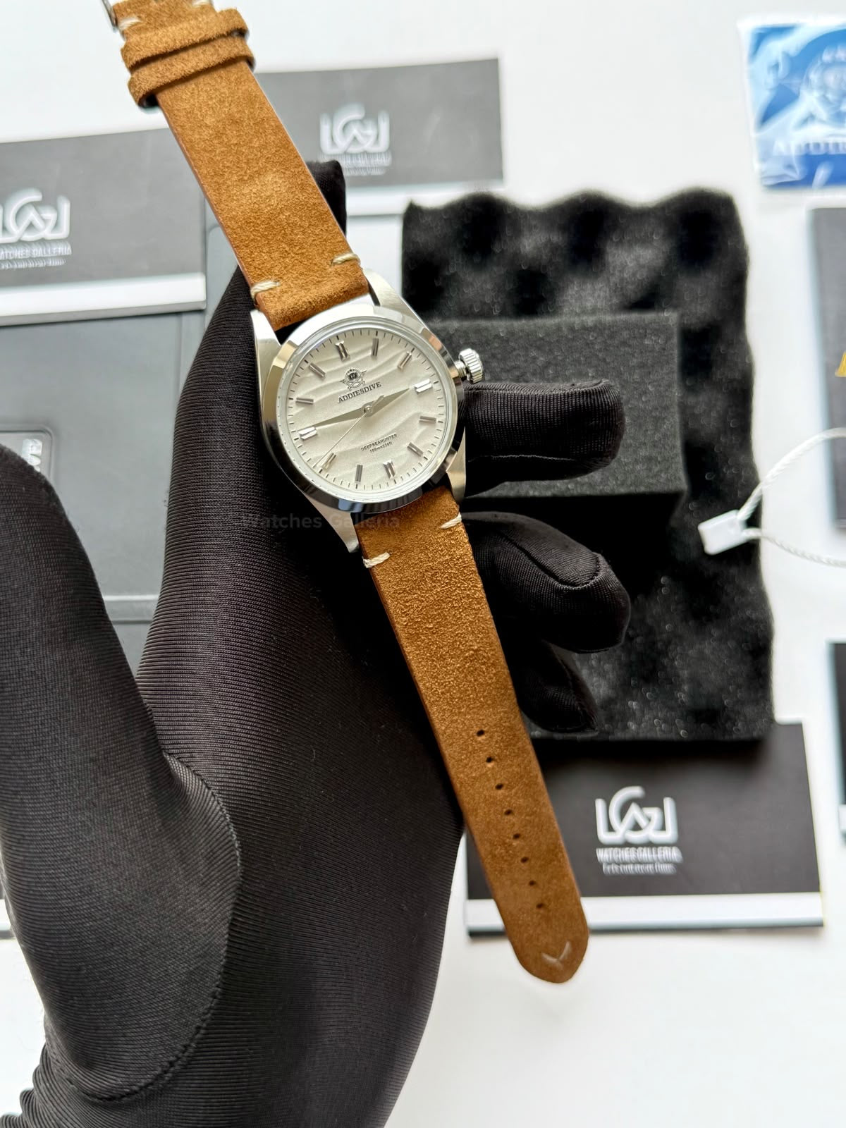 Addiesdive AD2030 Desert White with Khaki Suede Leather Strap Unisex Watch – 36mm Classic Desert Dial, Japan VH31 Quartz Movement, Blue Anti-Glare Mineral Glass & Genuine Suede Leather Strap