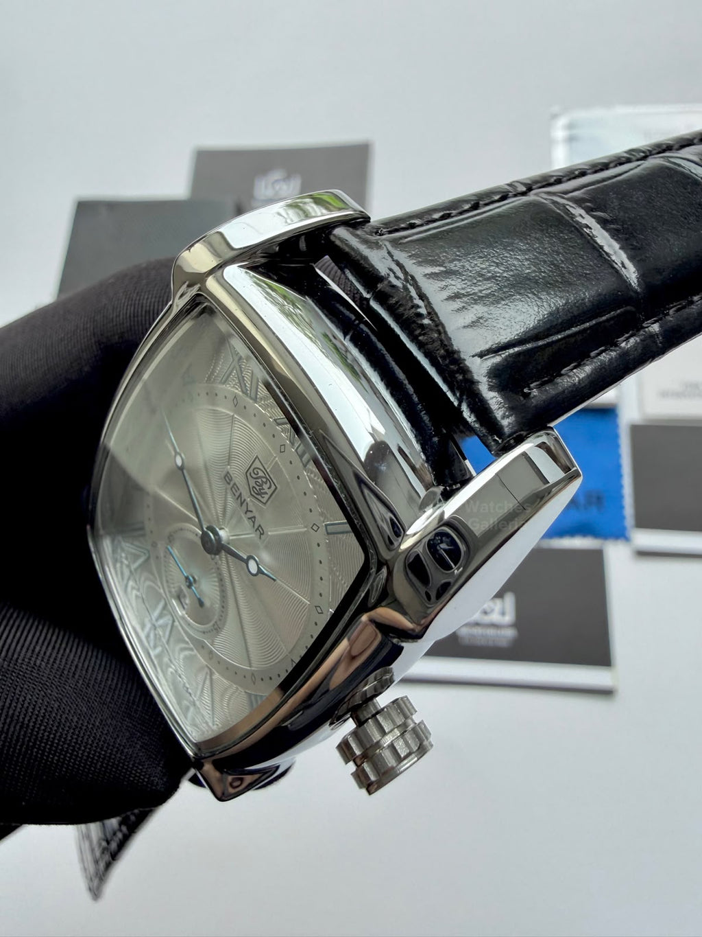 Benyar BY5114 Square Tank Watch Silver Black Roman Numeral Dial Master Lock Quartz Date Calendar Leather Strap