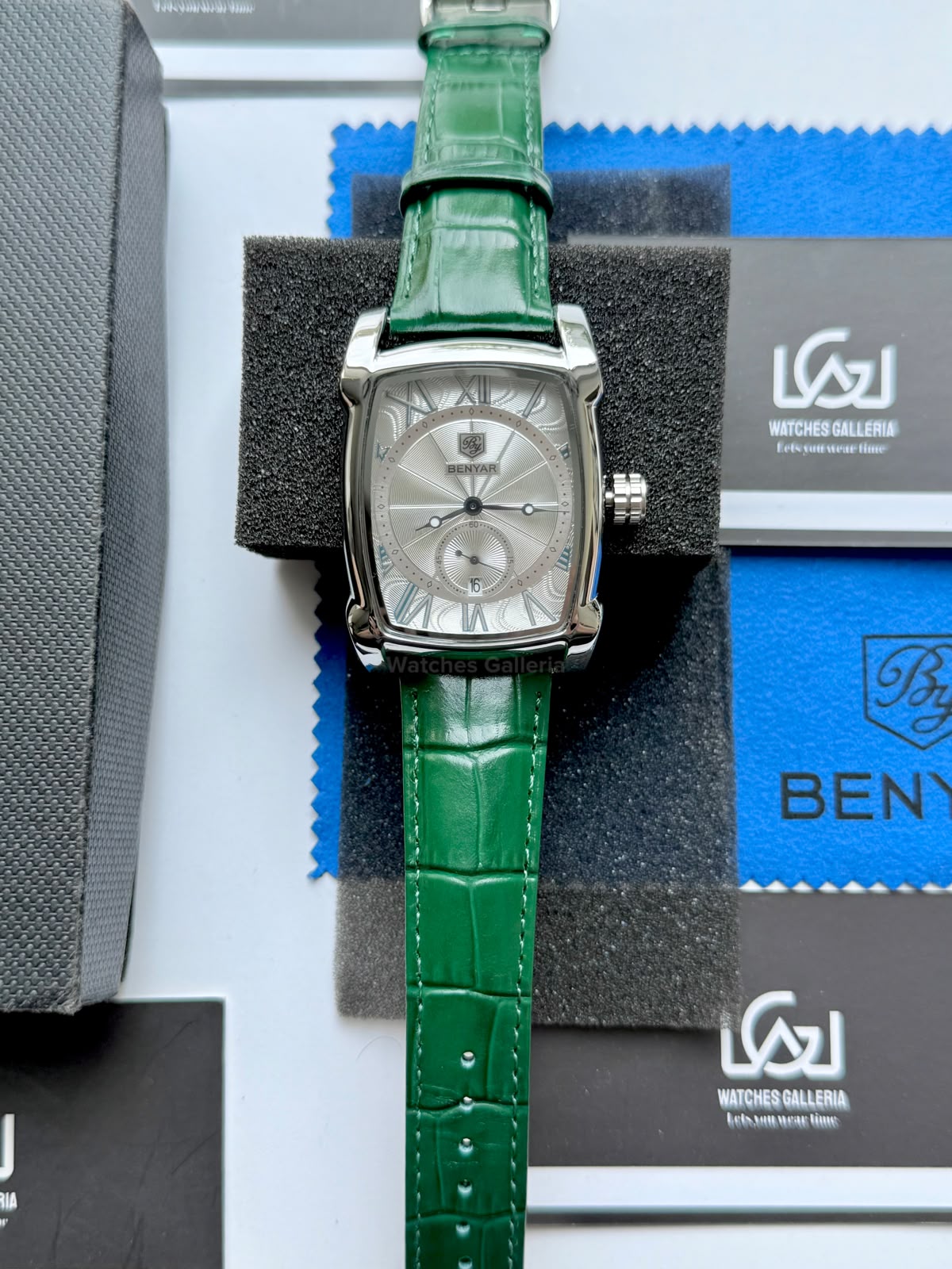 Benyar BY5114 Square Tank Watch | Green Silver White | Roman Numeral Dial Master Lock Quartz Date Calendar Leather Strap