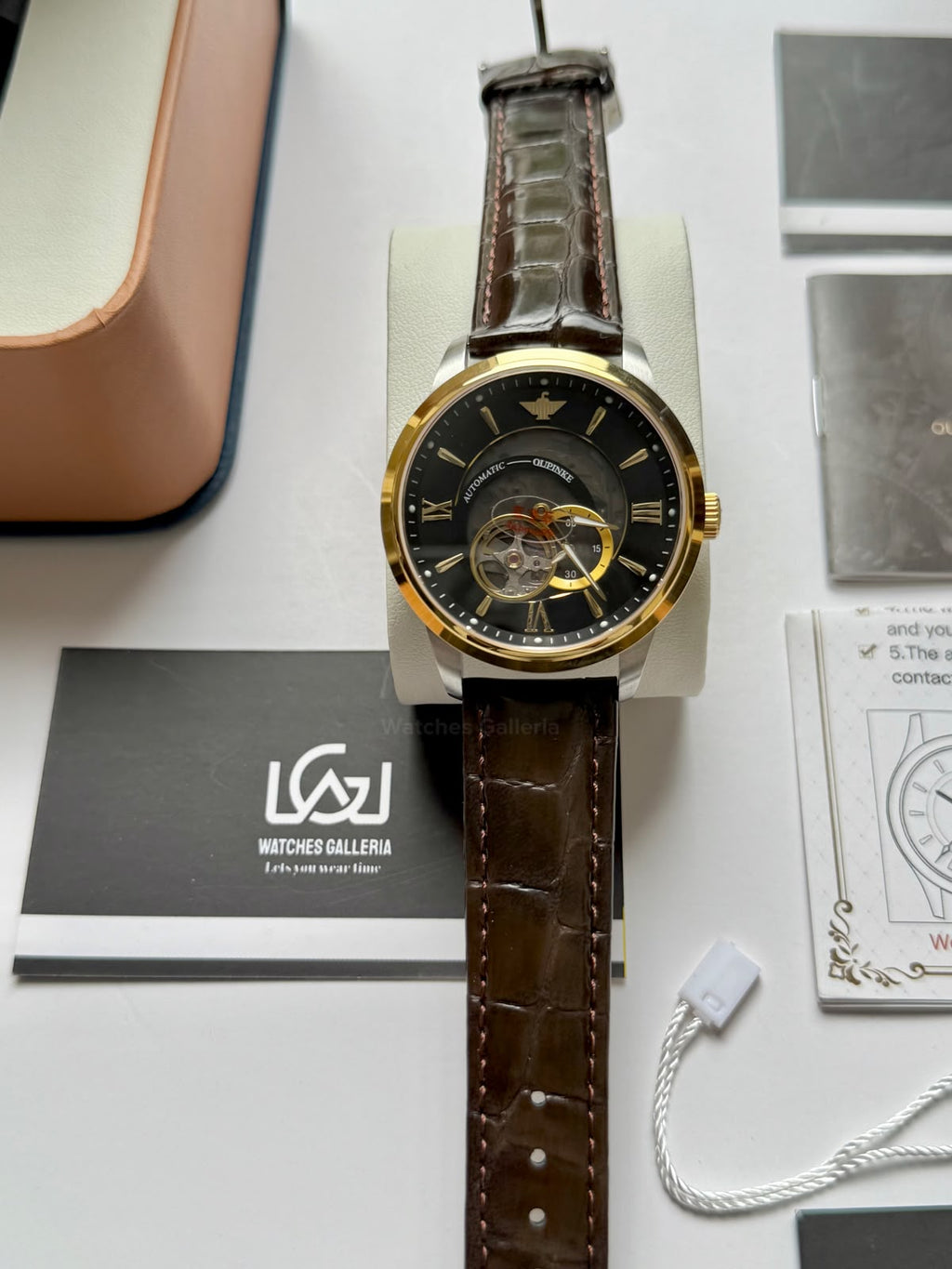 Oupinke G3190 (Brown Leather) Open Heart Automatic Watch with Miyota 8215 Japanese Movement, Sapphire Crystal, Luminous Dial & Black Leather Strap