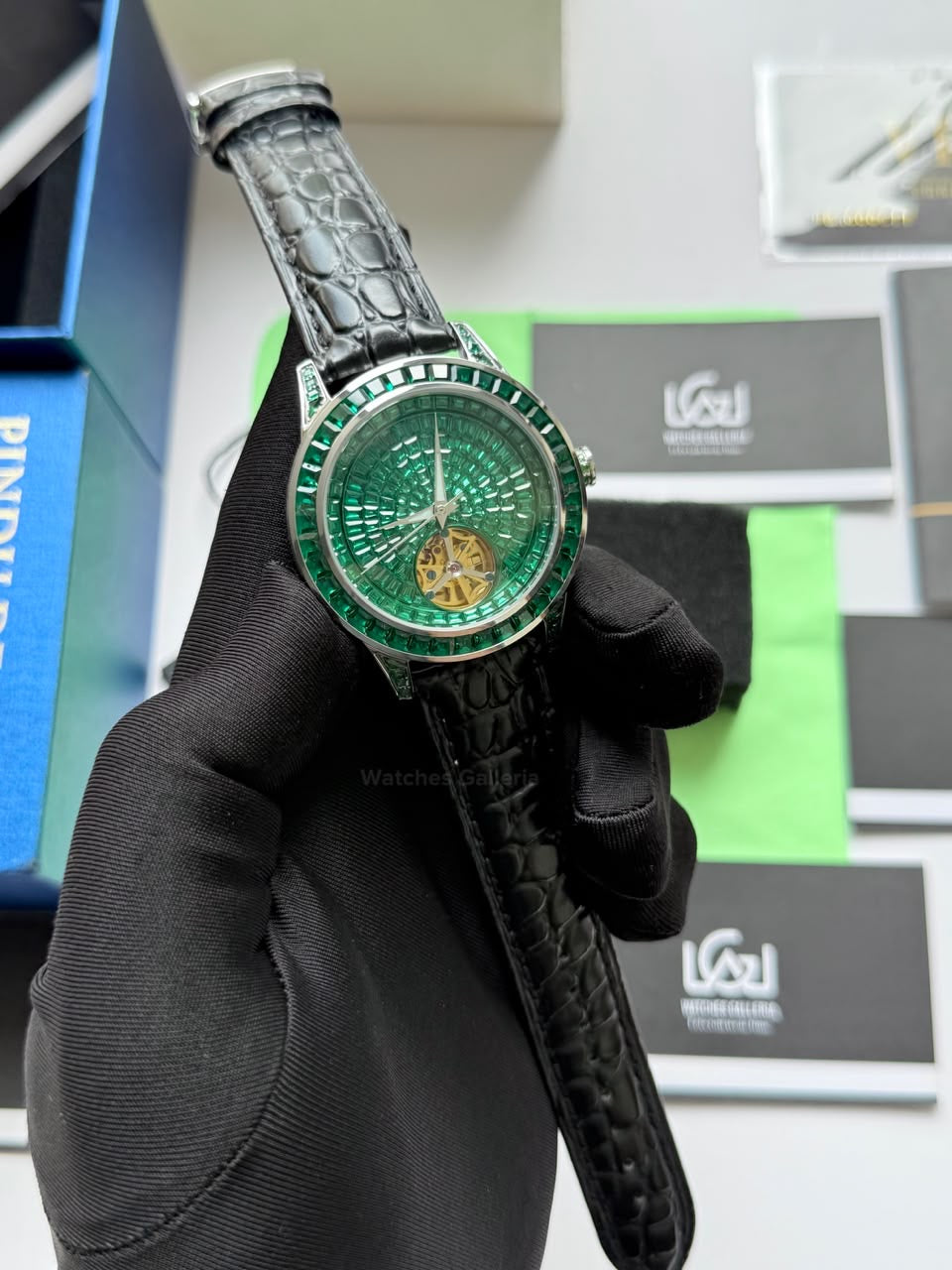 Pindu 5037 Green/Black LeatherDiamonds Hand Encrusted Diamond Automatic Tourbillon Watch for Men | Luxury Mechanical Watch | 43mm Stainless Steel Case