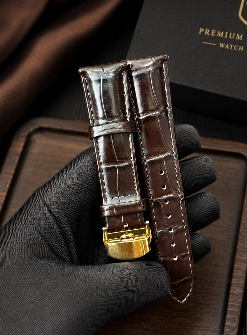 Premium Genuine Leather Crocodile Pattern Watch Strap 21mm with Gold Stainless Steel Master Lock Buckle – Luxury Replacement Band | Watches Galleria
