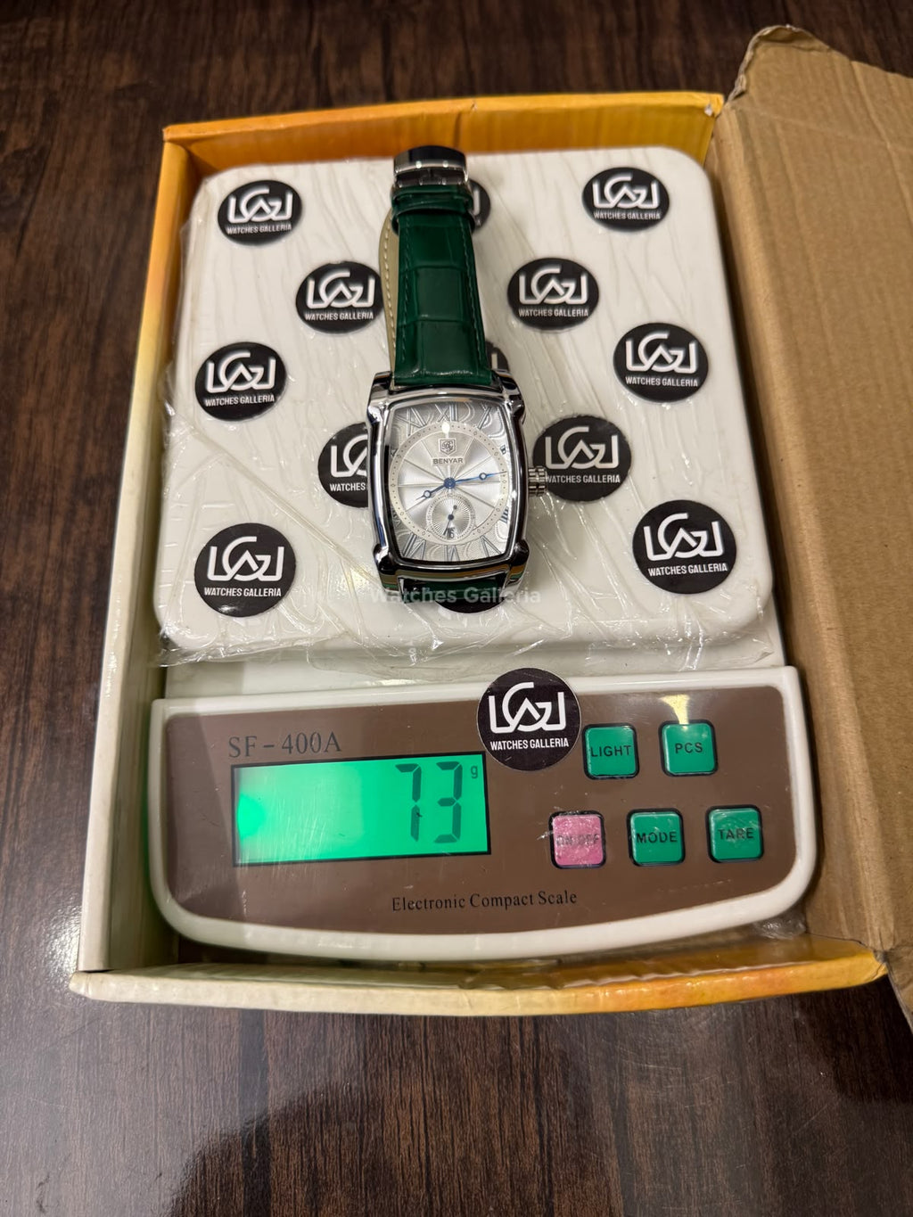 Benyar BY5114 Square Tank Watch | Green Silver White | Roman Numeral Dial Master Lock Quartz Date Calendar Leather Strap
