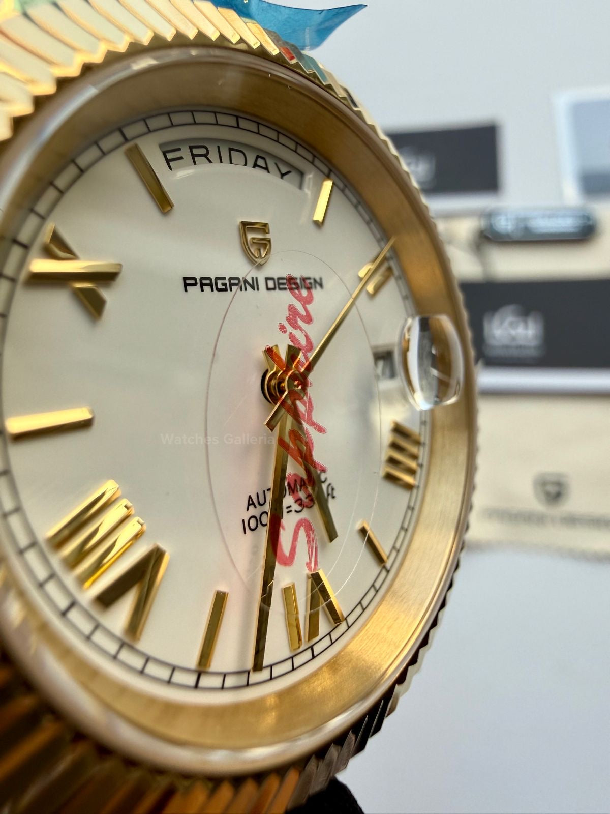 Pagani Design PD1783 Date Day Yellow Gold 40mm Automatic Watch – White Roman Dial, Seiko NH36A Movement, Sapphire Glass, Presidential Bracelet