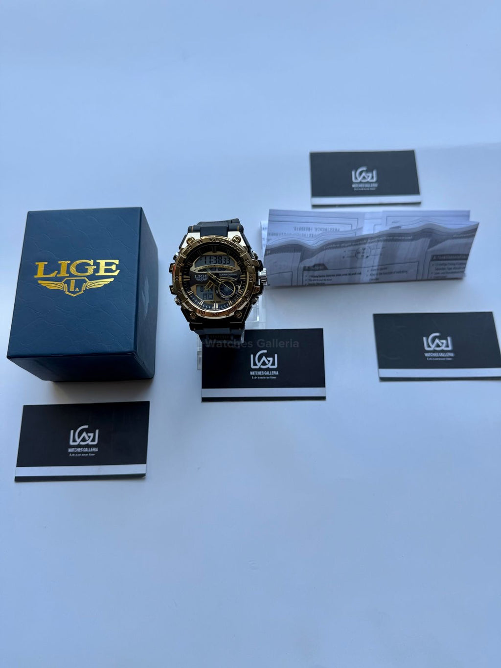 Lige 8922 Sports Watch Gold Black 45mm Dual Display Analog Digital LED Alarm Waterproof 50M Silicone Strap Men’s Watch
